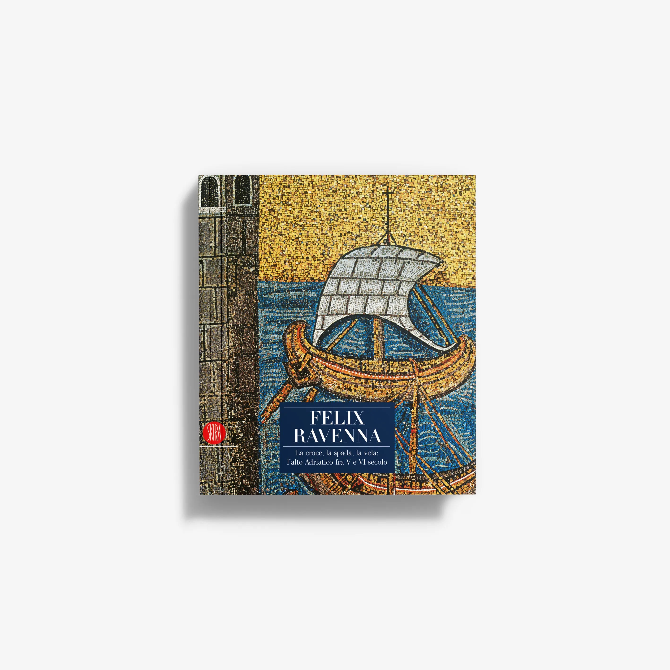 Book cover with abstract blue sea, sailboat illustration, and gold textured background