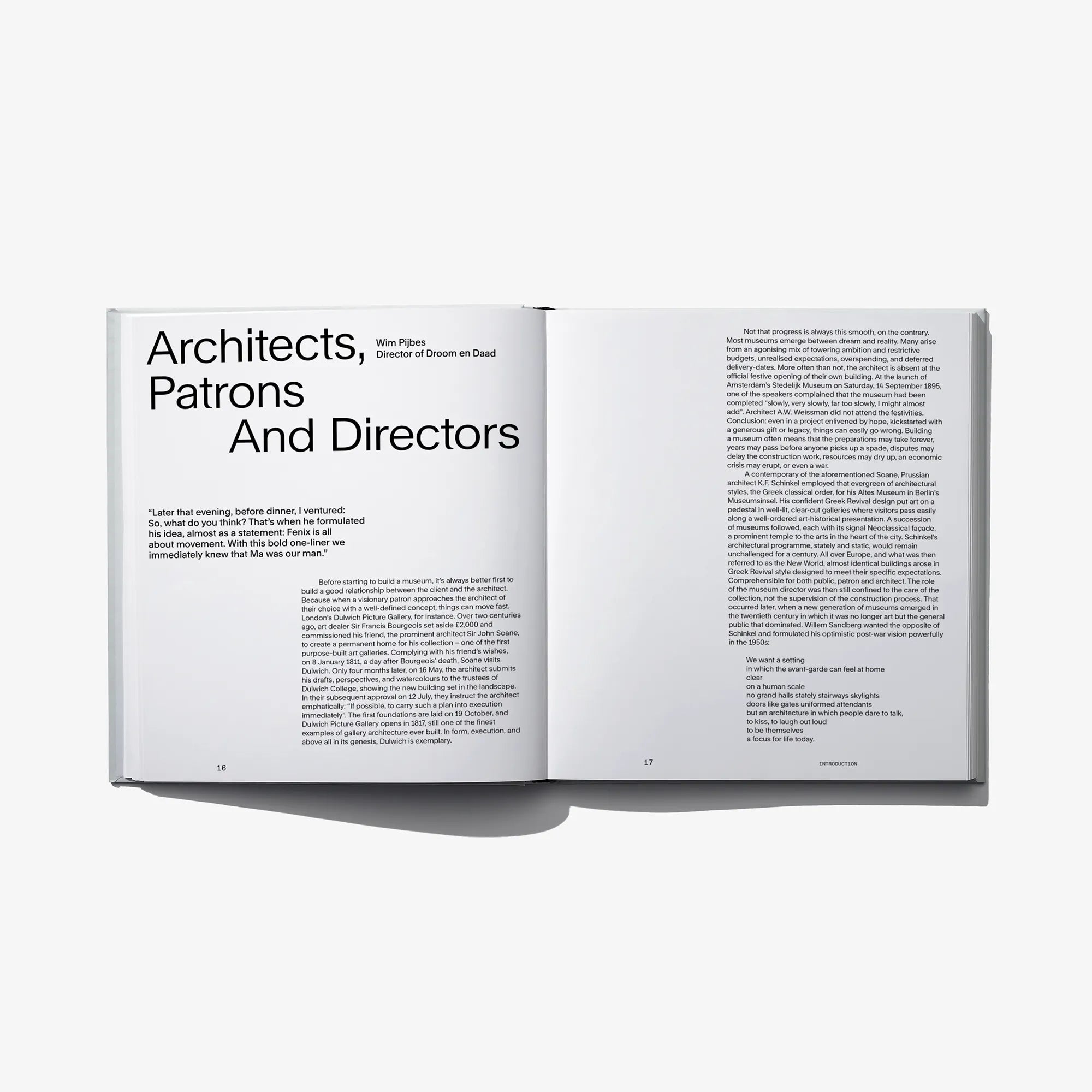 Open architecture book spread titled 'Architects, Patrons And Directors' with printed paragraphs.