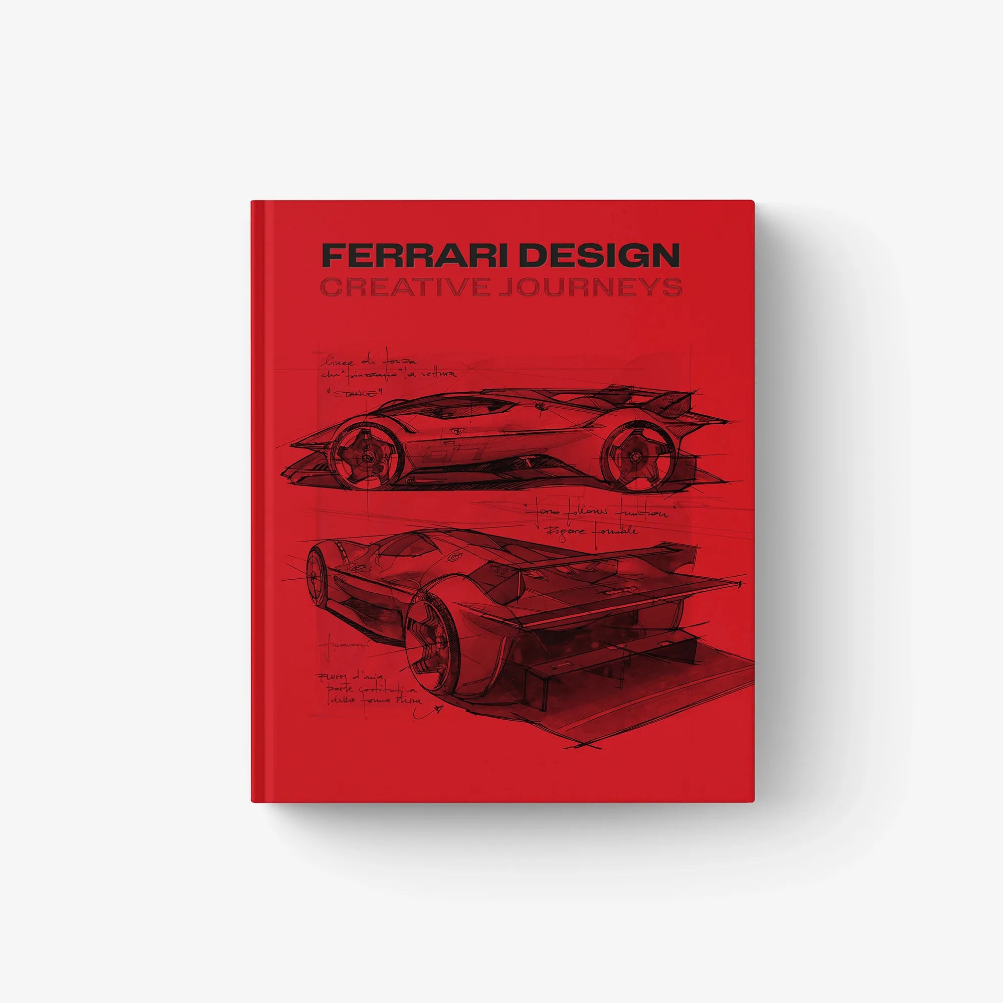 Red hardbound design book cover with Ferrari Design title and car sketch illustrations