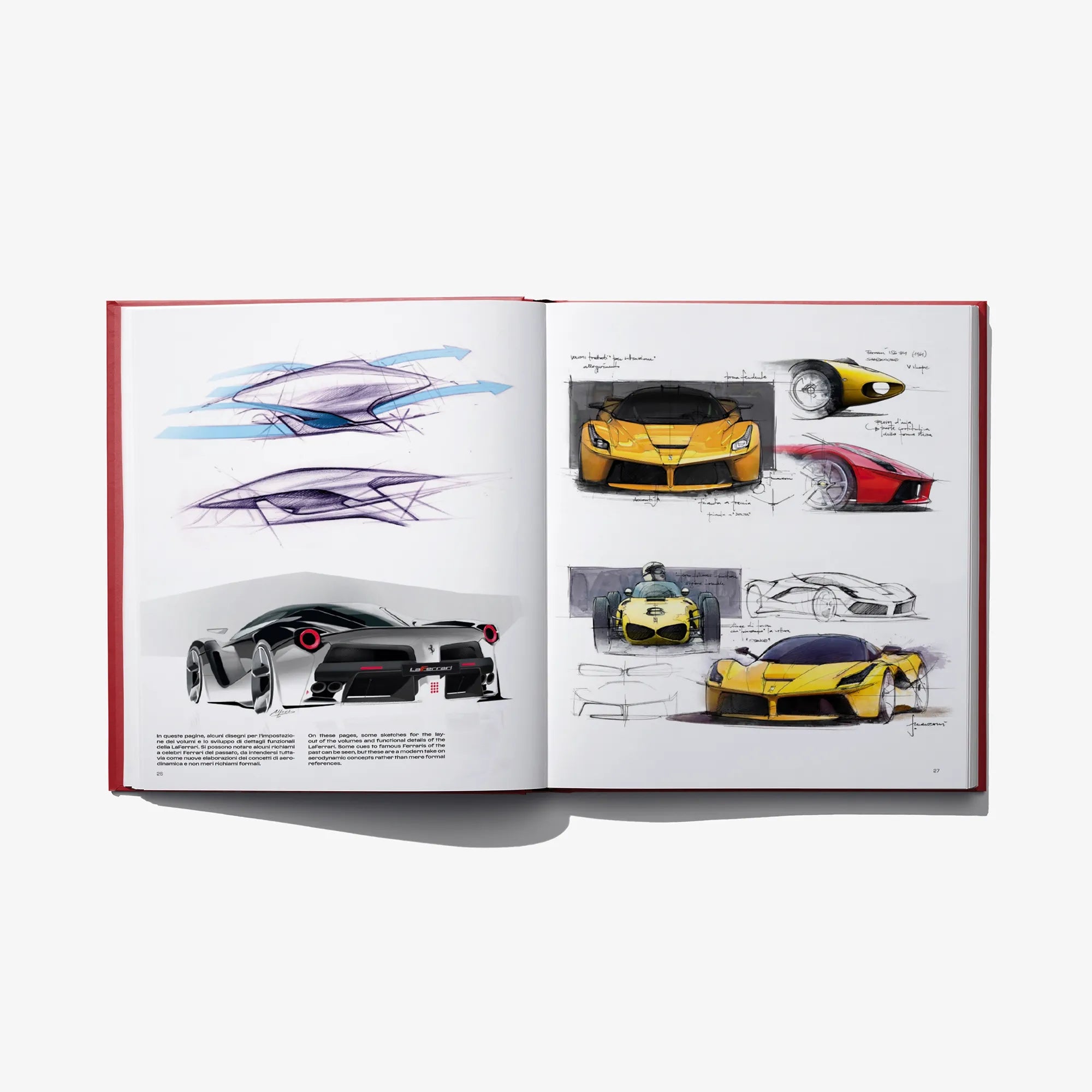 Open design book showing concept car sketches and photos on facing pages