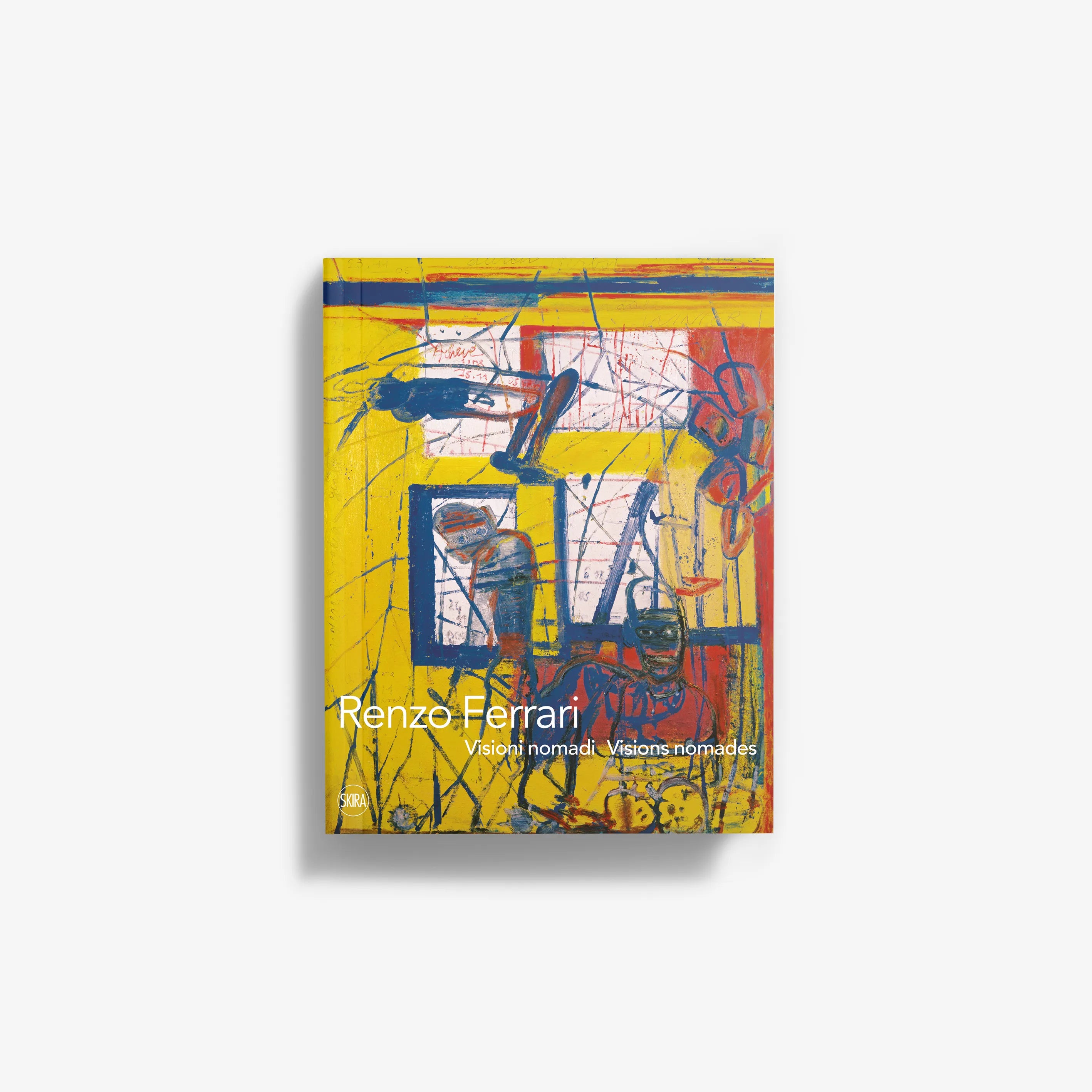 Abstract art book cover with colorful graffiti-style figures in yellow, blue, and red
