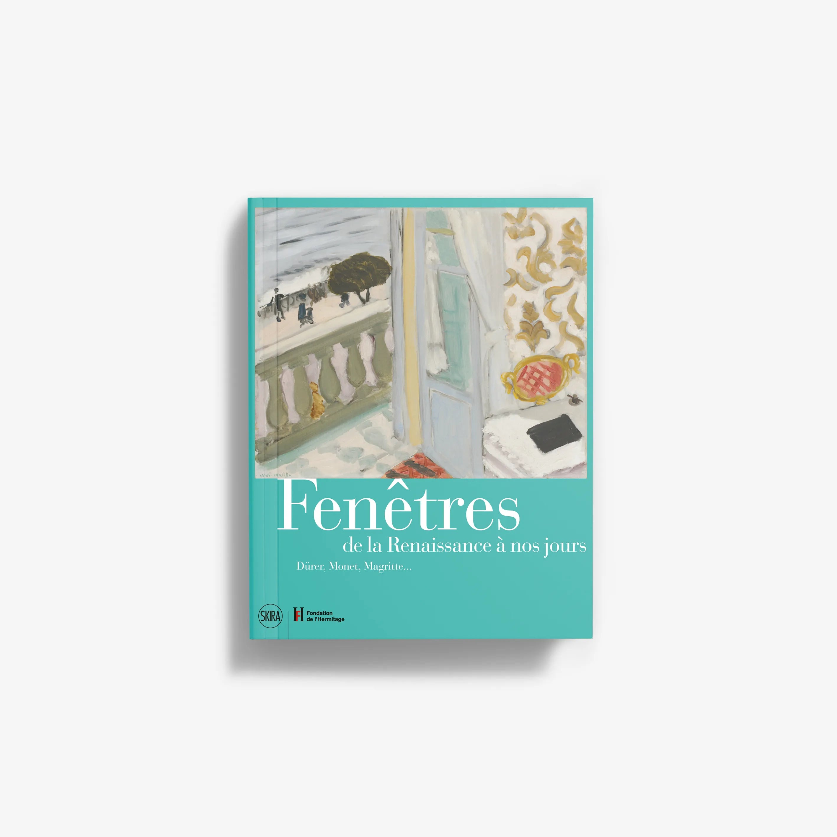 Teal art book with illustrated window collage and ornate title text on front cover