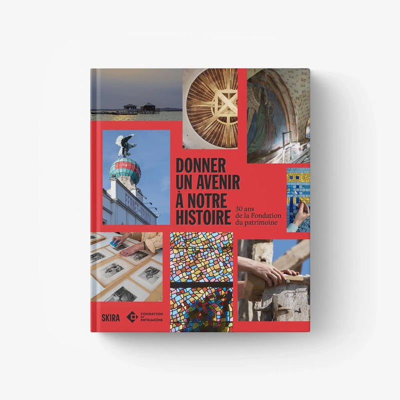 Printed photo book cover with red border and collage of architecture and artworks
