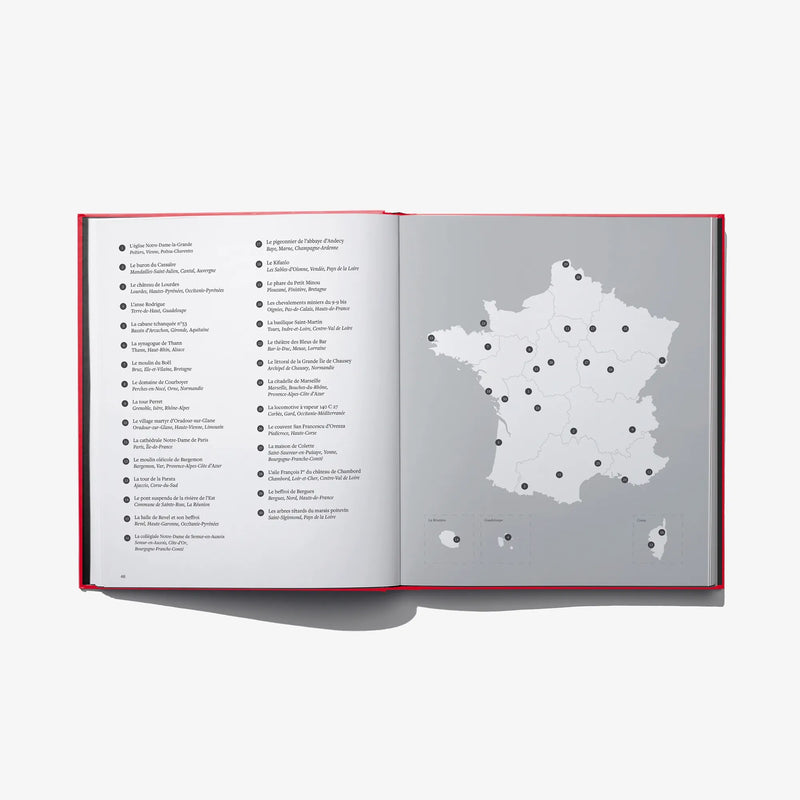 Open book spread with gray map of France and labeled points
