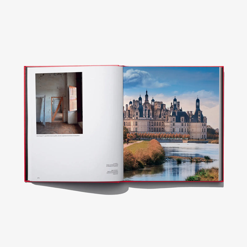 Open book spread with city cathedral photo and small interior room image