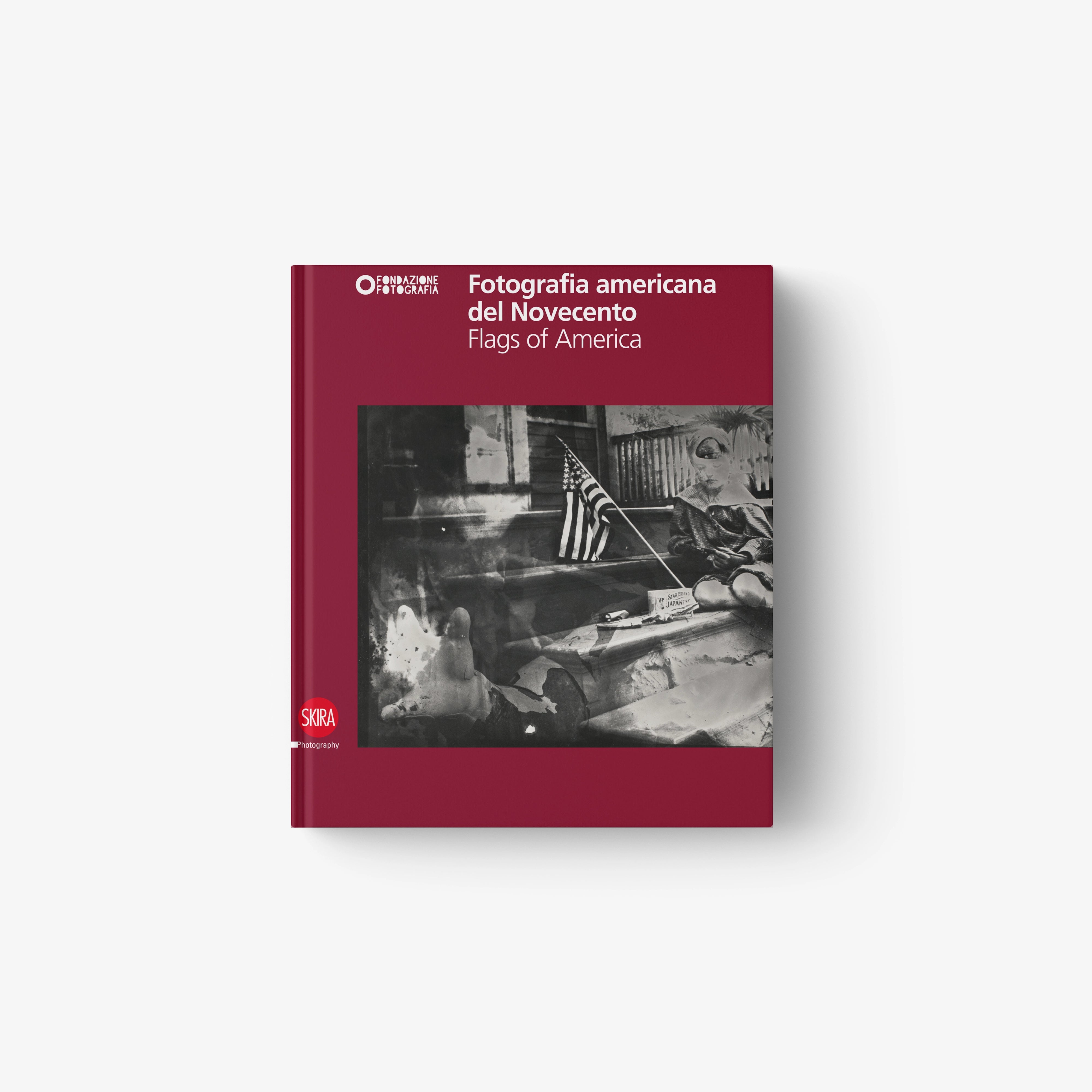 American photography book cover: maroon with U.S. flag photo and title text