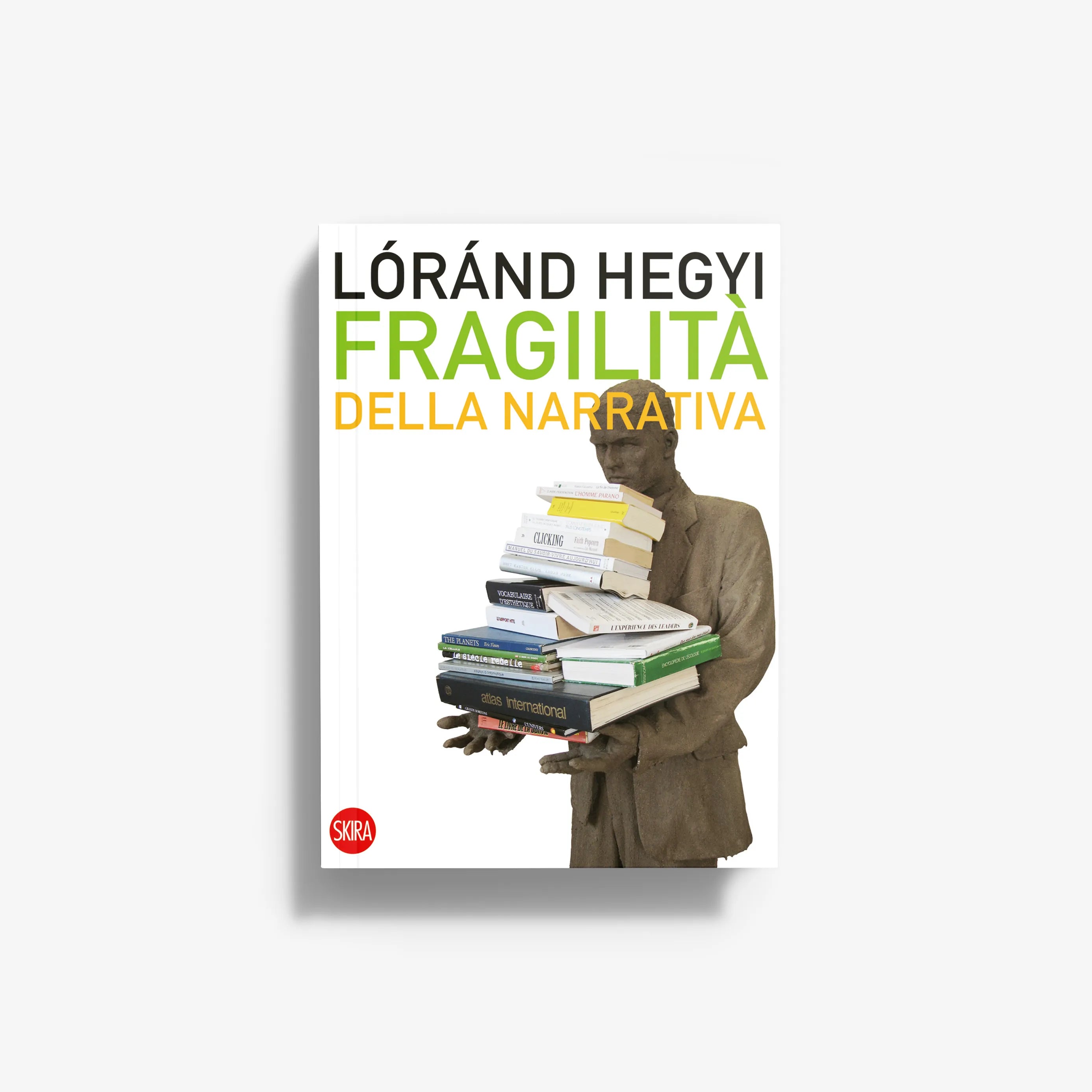 Paperback book cover with green title text and hand holding stacked books