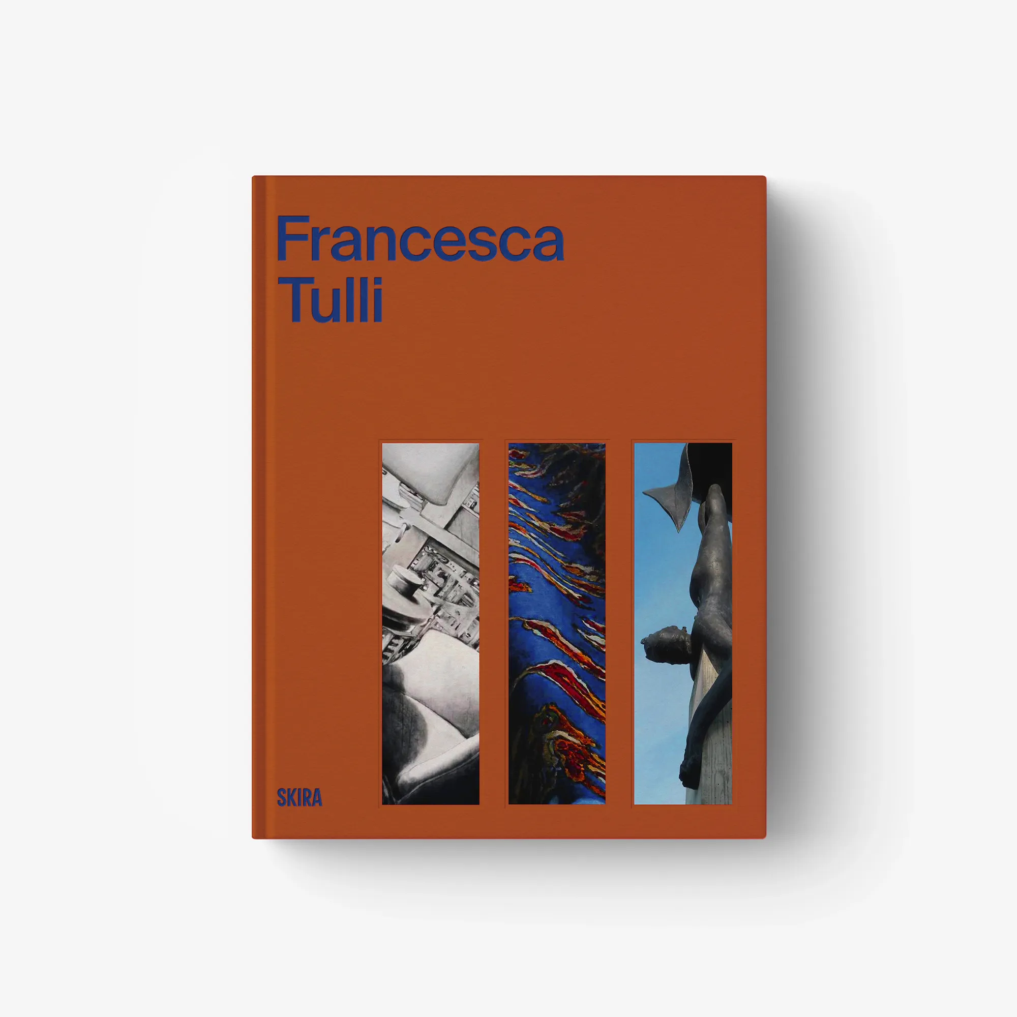 Orange art book cover with three vertical black-and-white photo panels