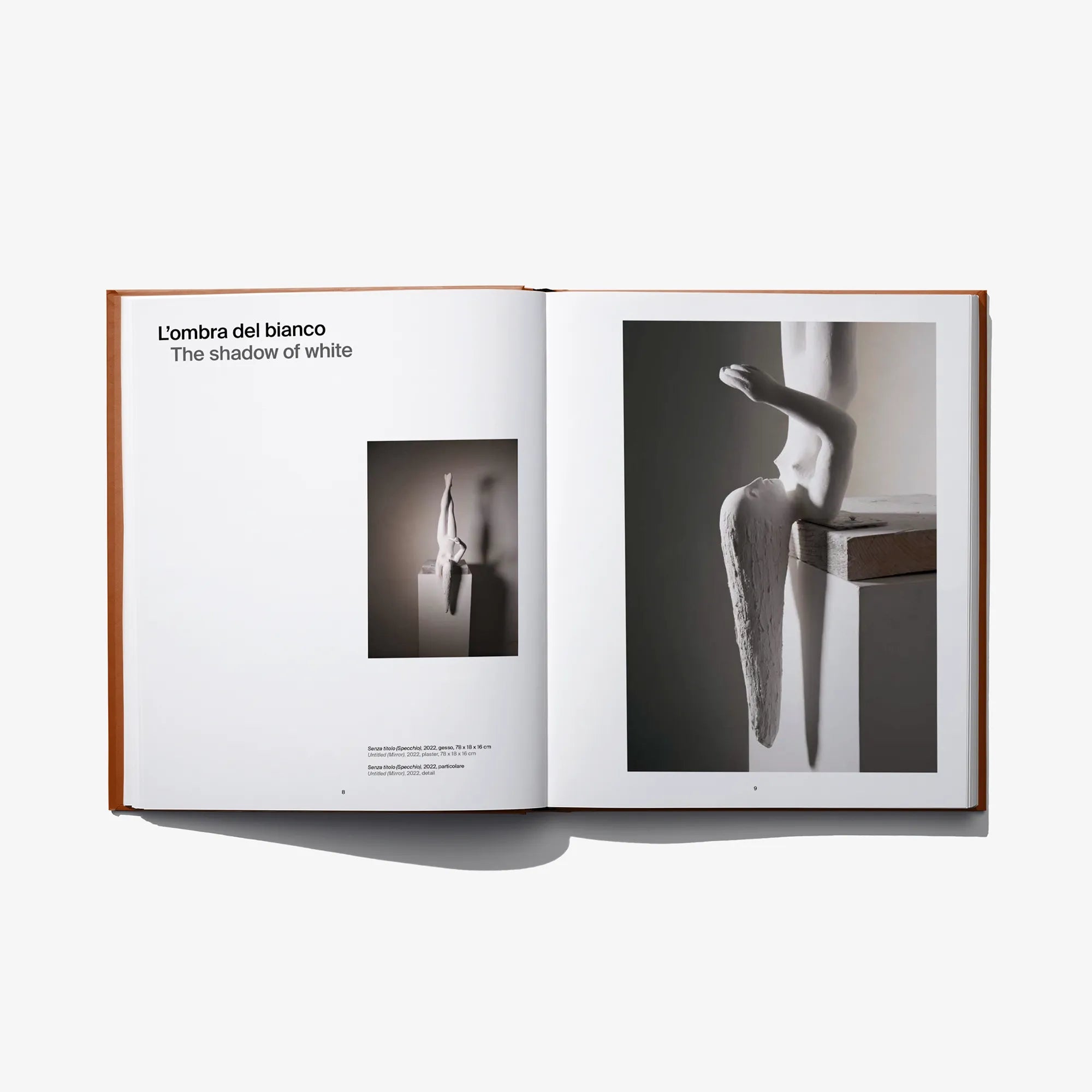 Open art book spread with black-and-white body photos and small thumbnail inset