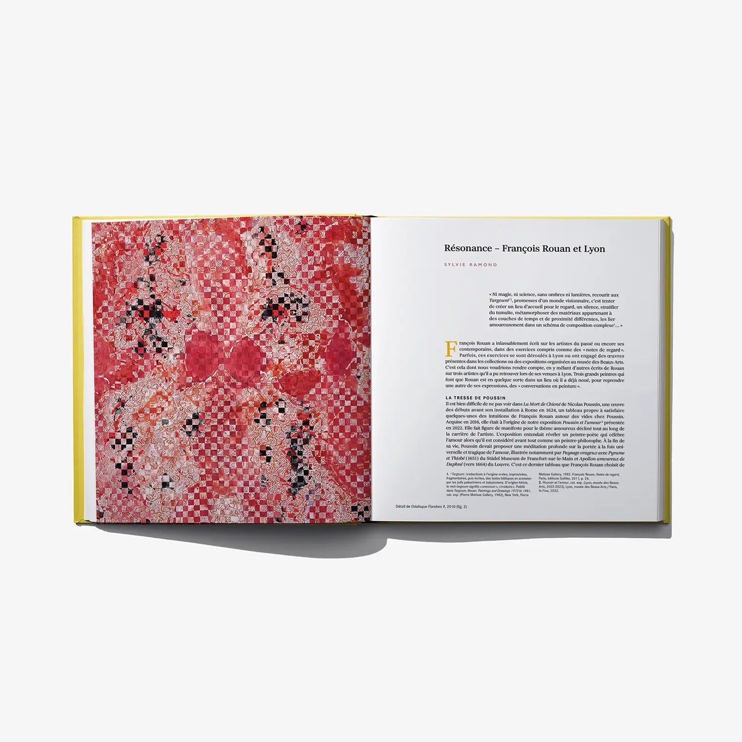 Open art book with red abstract mosaic panels and printed text pages