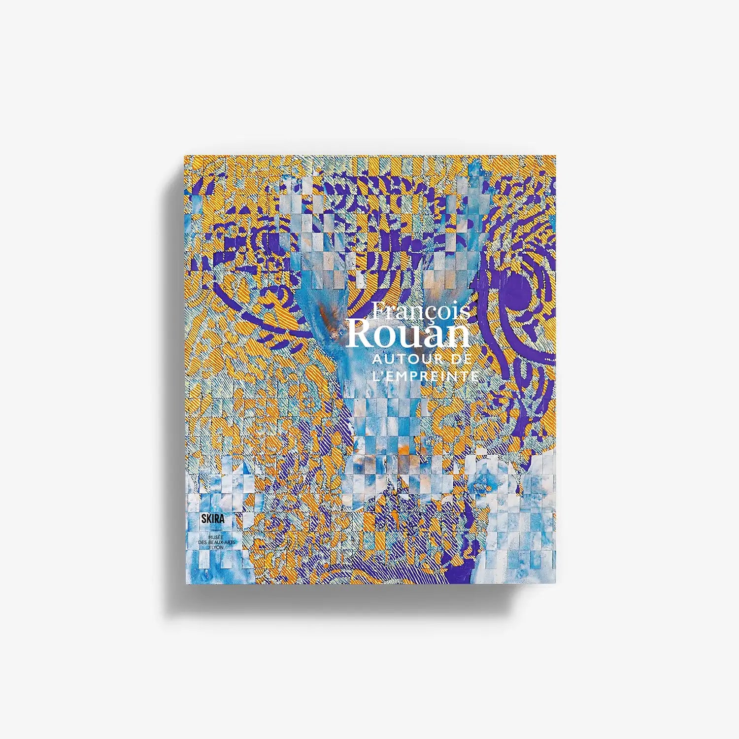 Art book cover with blue and yellow abstract mosaic artwork
