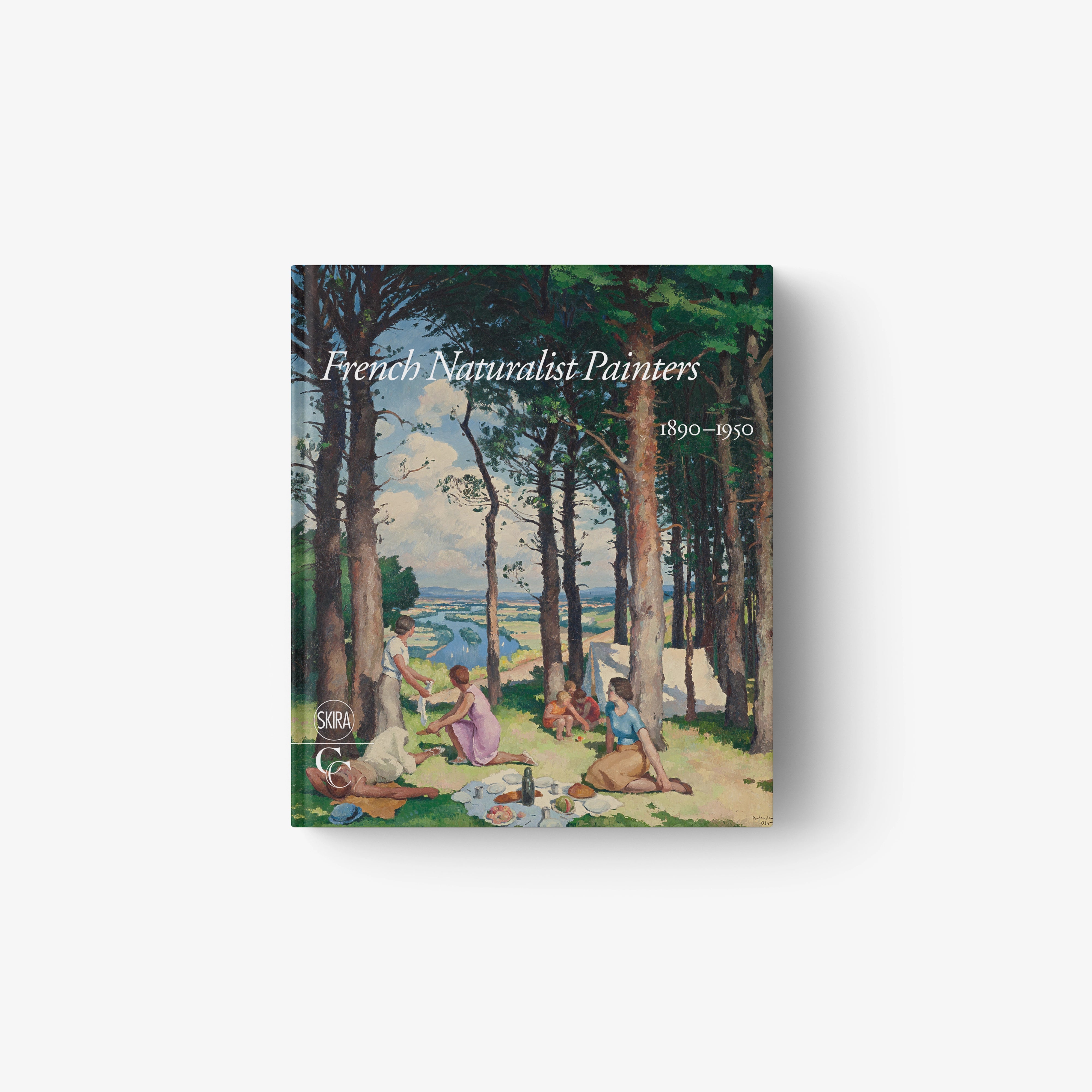 Square art book with forest lakeside painting and seated figures on cover