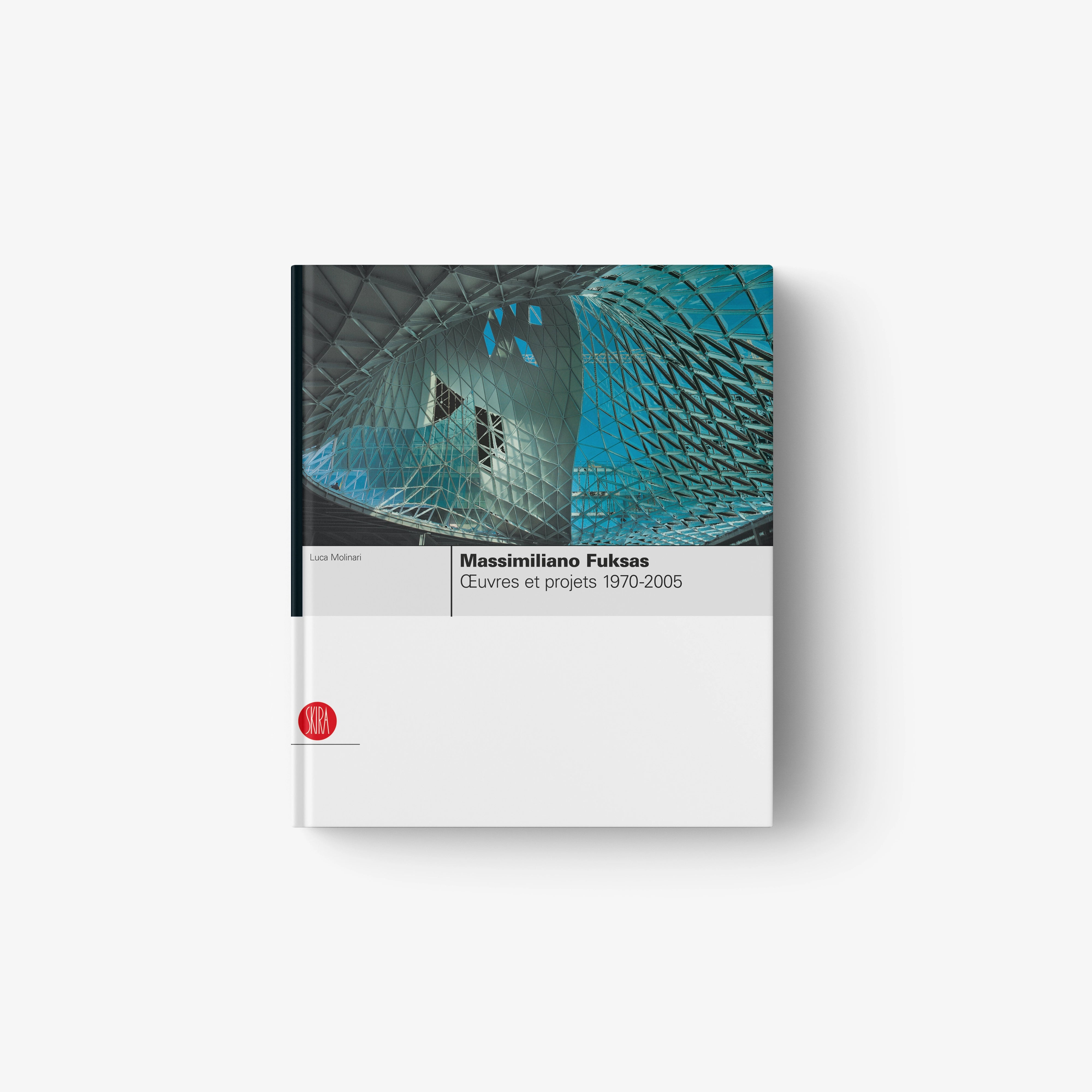 Hardcover book with blue abstract cover, Massimiliano Fuksas 1970–2005 projects