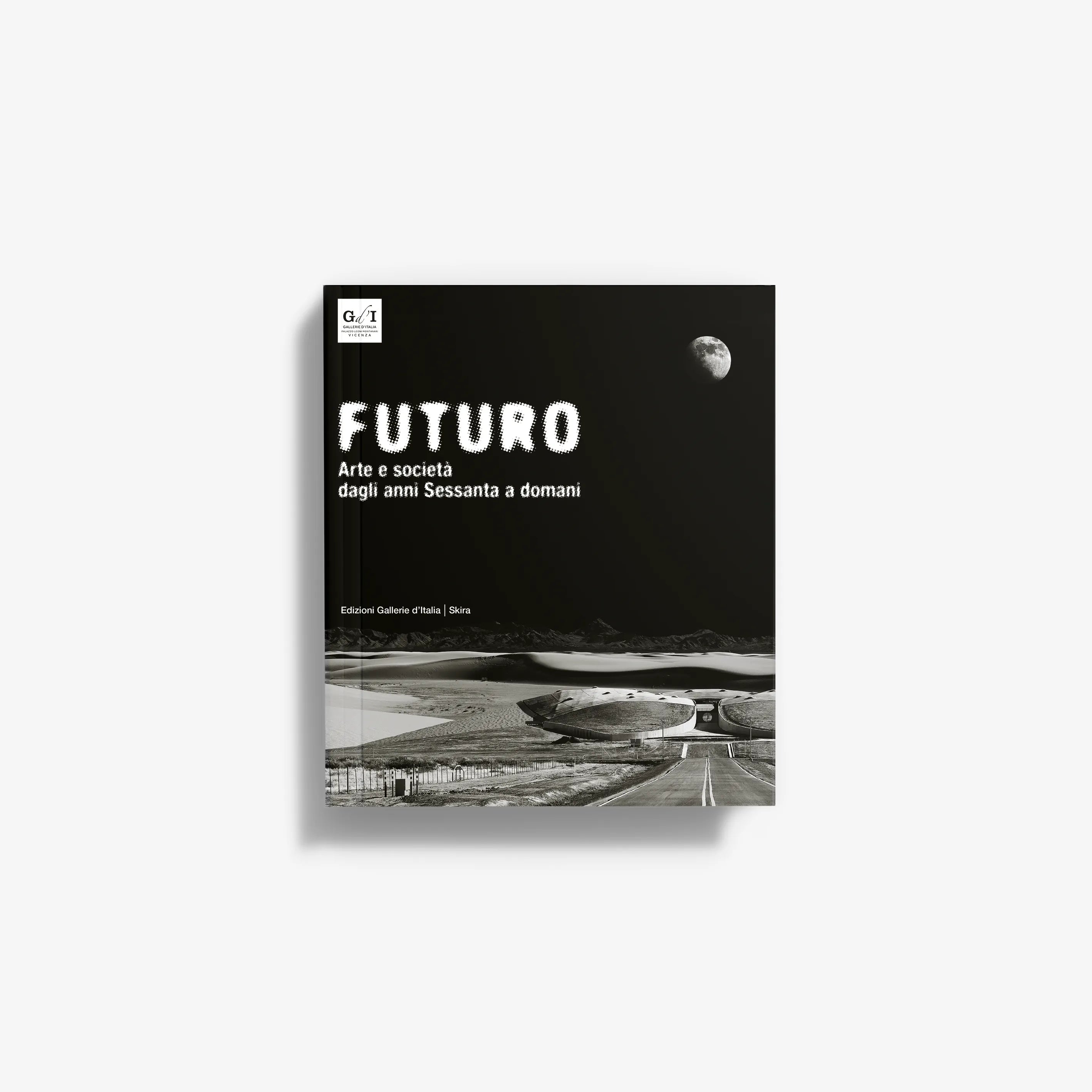 Black and white book cover with bold white text "FUTURO" and a coastal landscape under a moonlit sky.