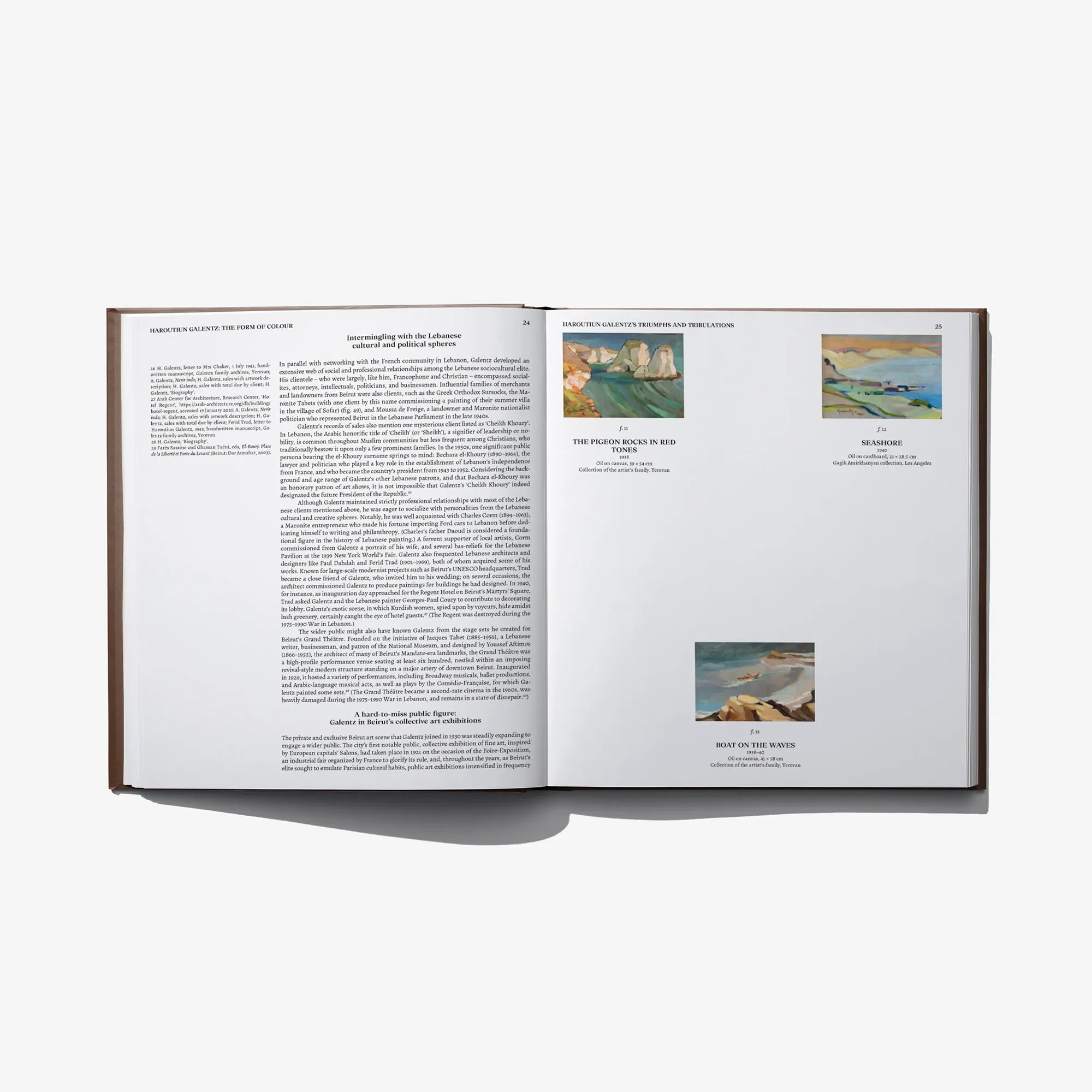 Open hardcover art book with text pages and small color paintings on both sides