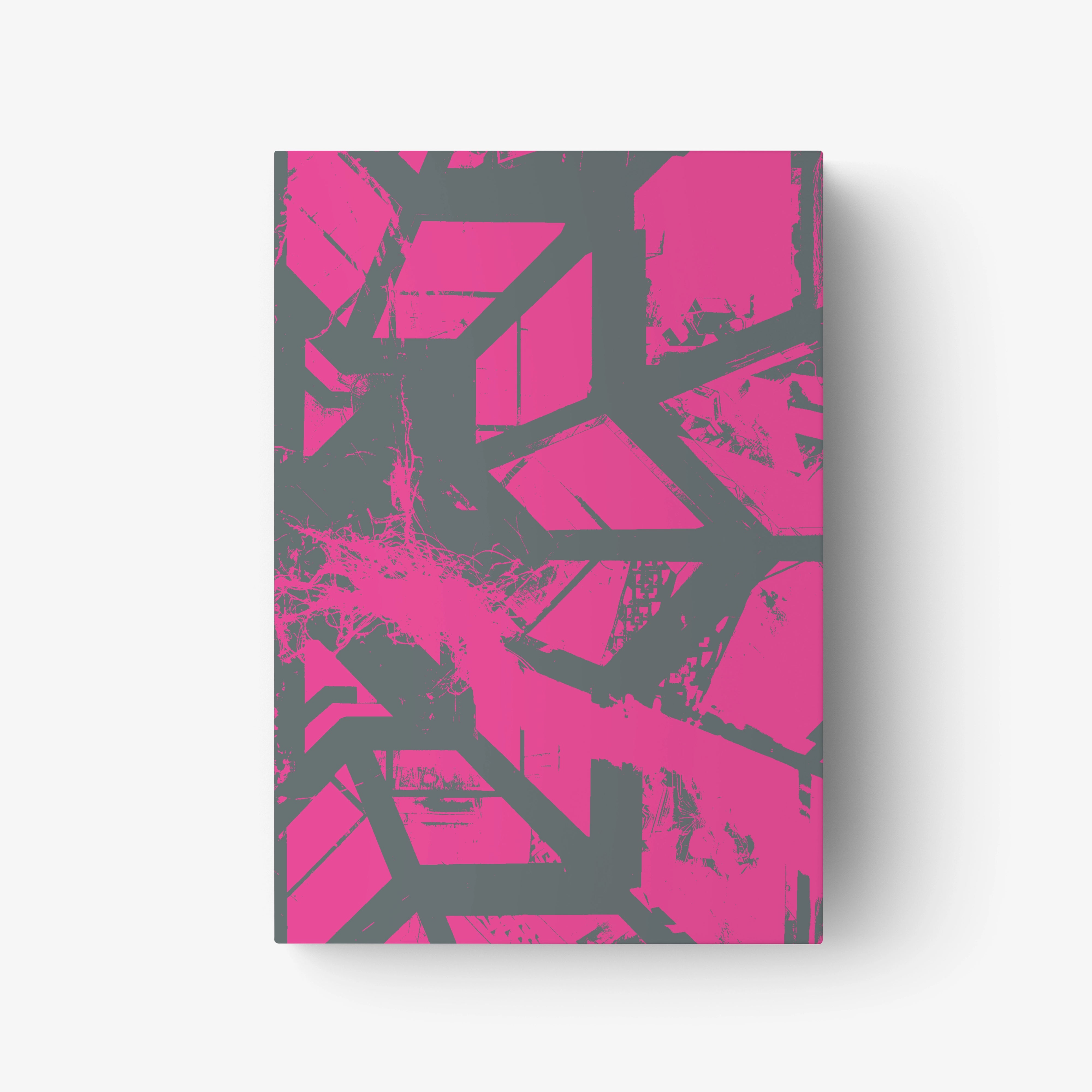 Paperback book cover with abstract magenta and black geometric pattern