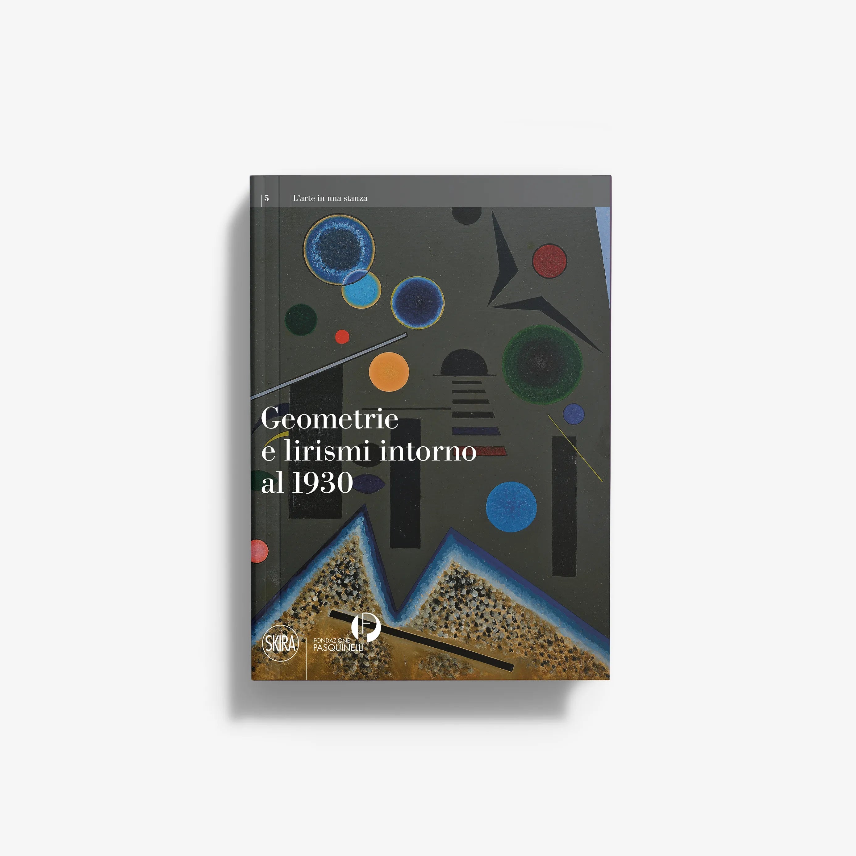 Hardcover book with abstract geometric cover in blue, green, and gray