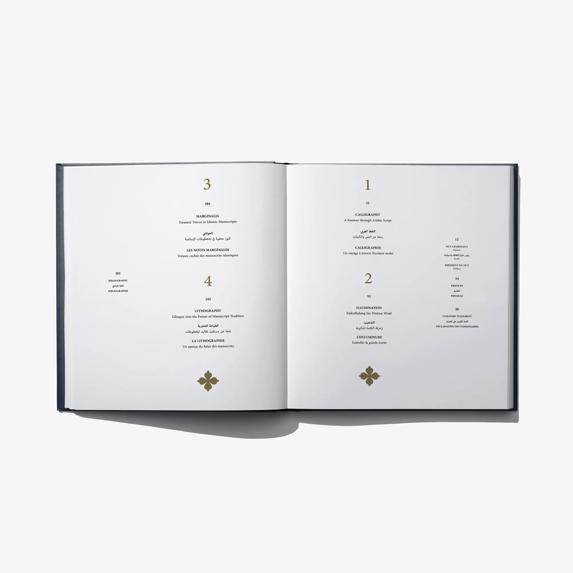 Open book spread with numbered sections on white pages and decorative emblem icons.