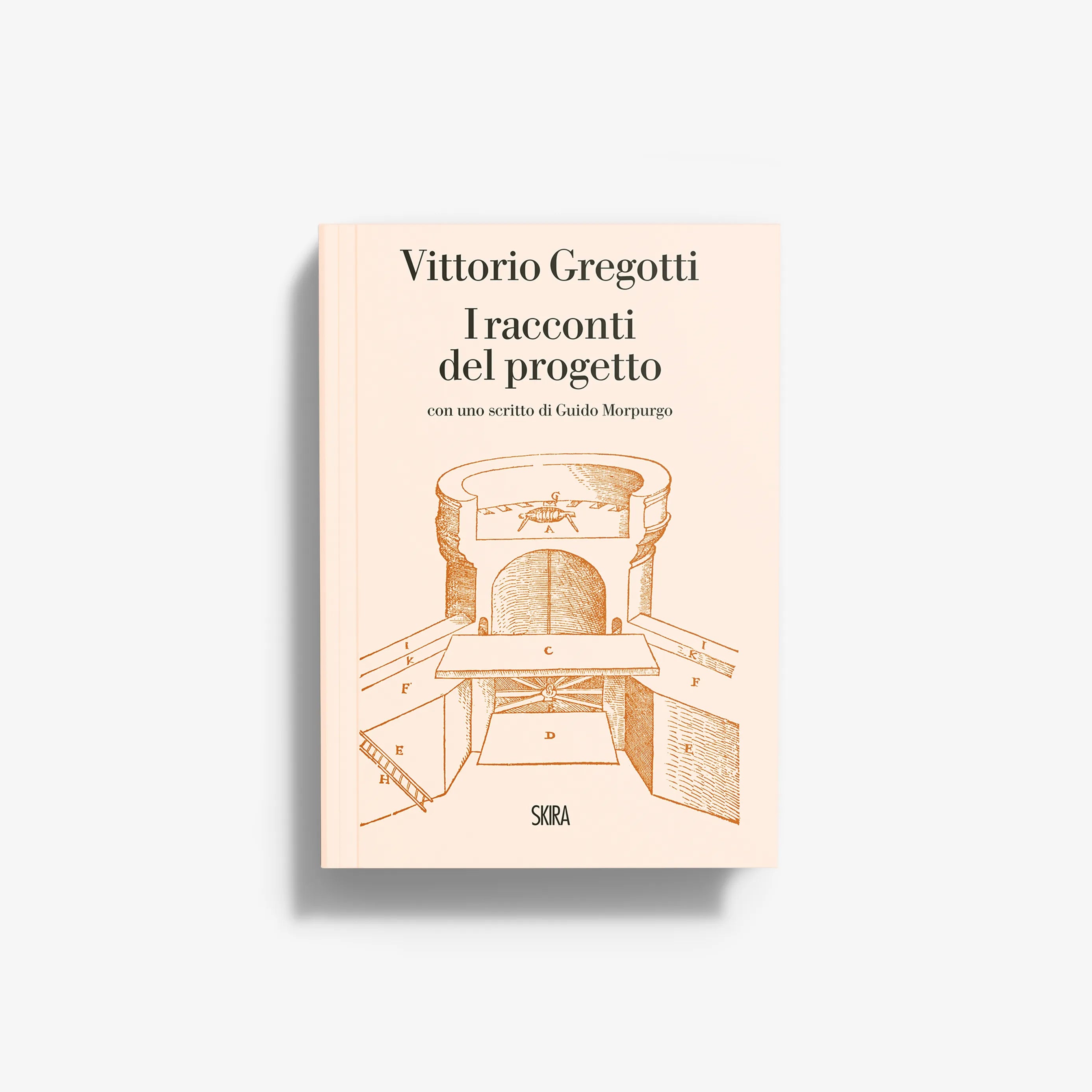 Hardcover book with beige cover and architectural line-art illustration