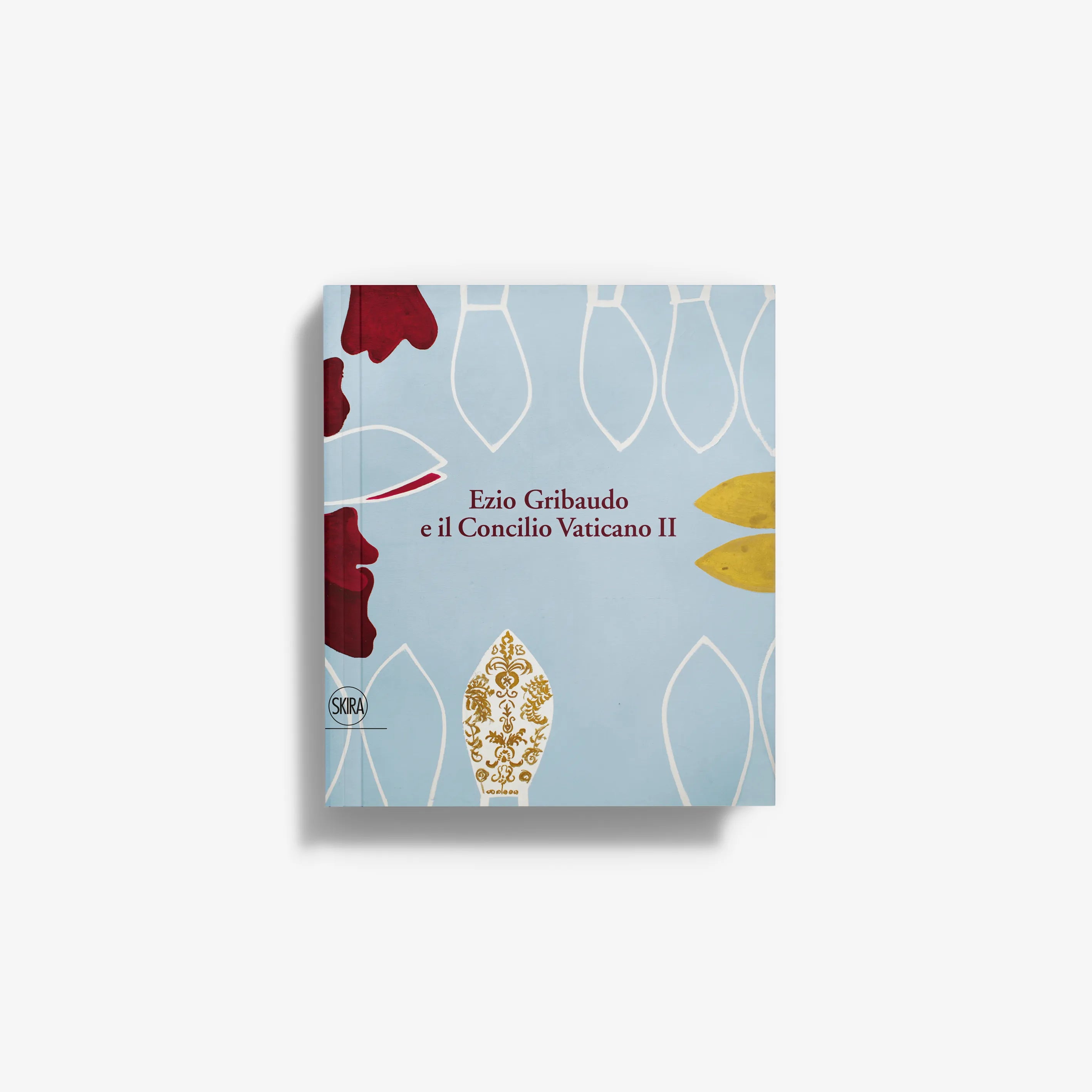 Book cover with light blue background, red shapes, and gold crest