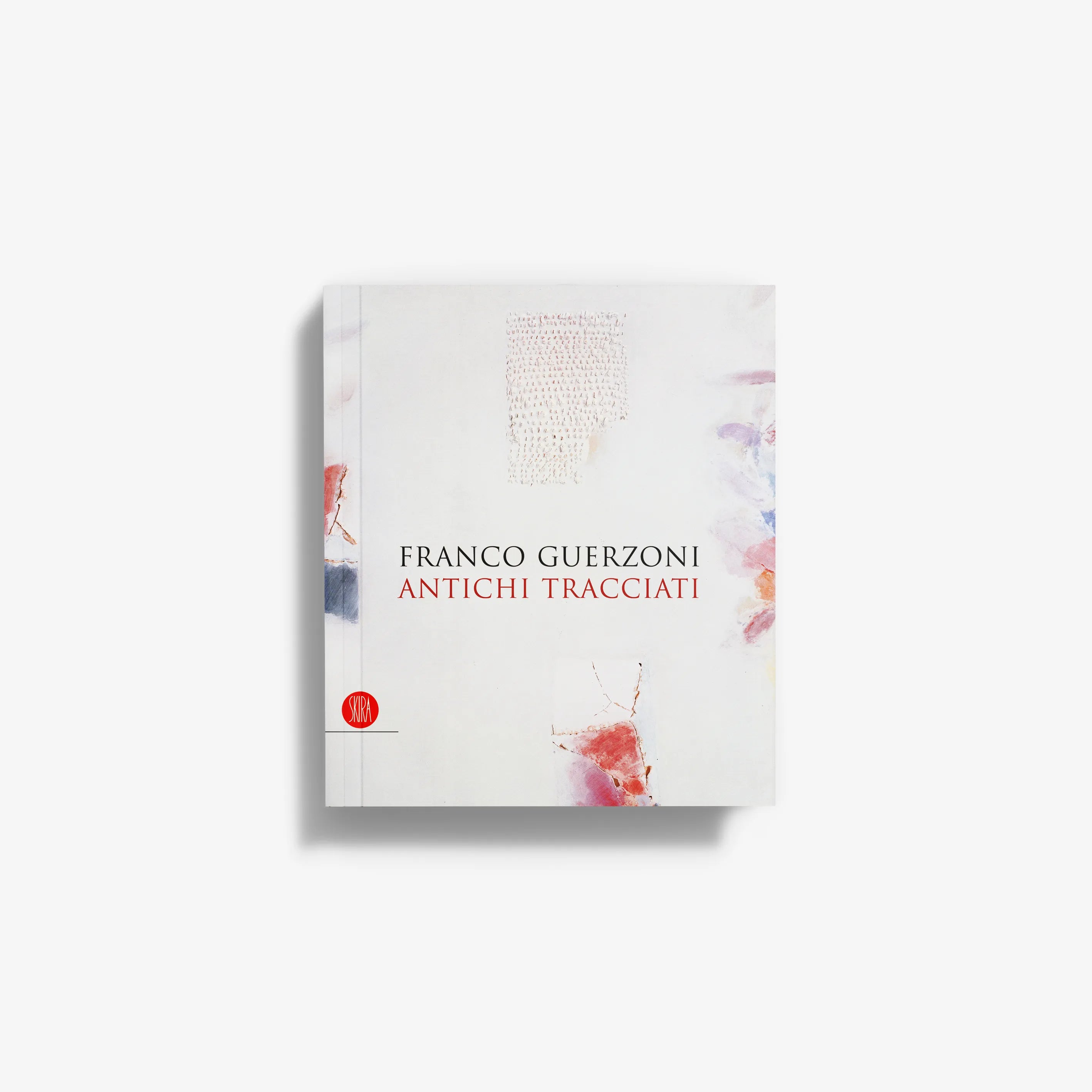 Franco Guerzoni Antichi tracciati book cover with white background and abstract watercolor marks