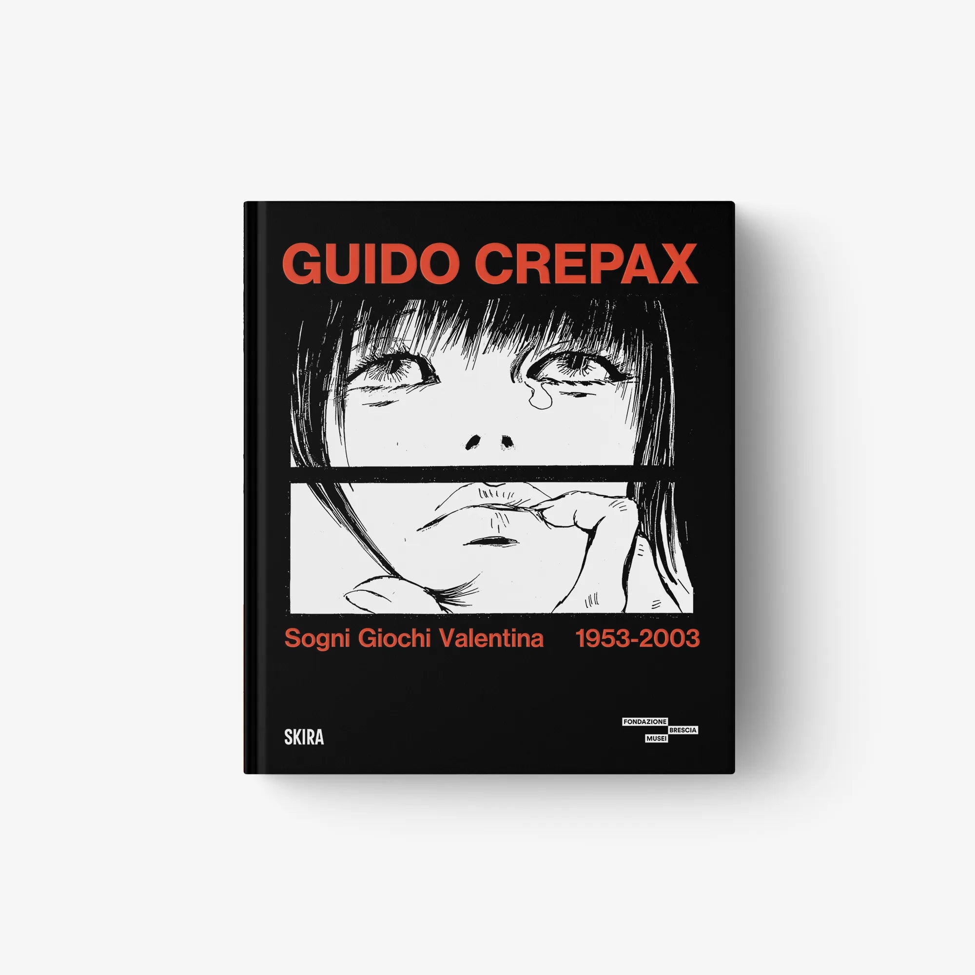 Hardcover art book cover, black design with red title and monochrome face illustration