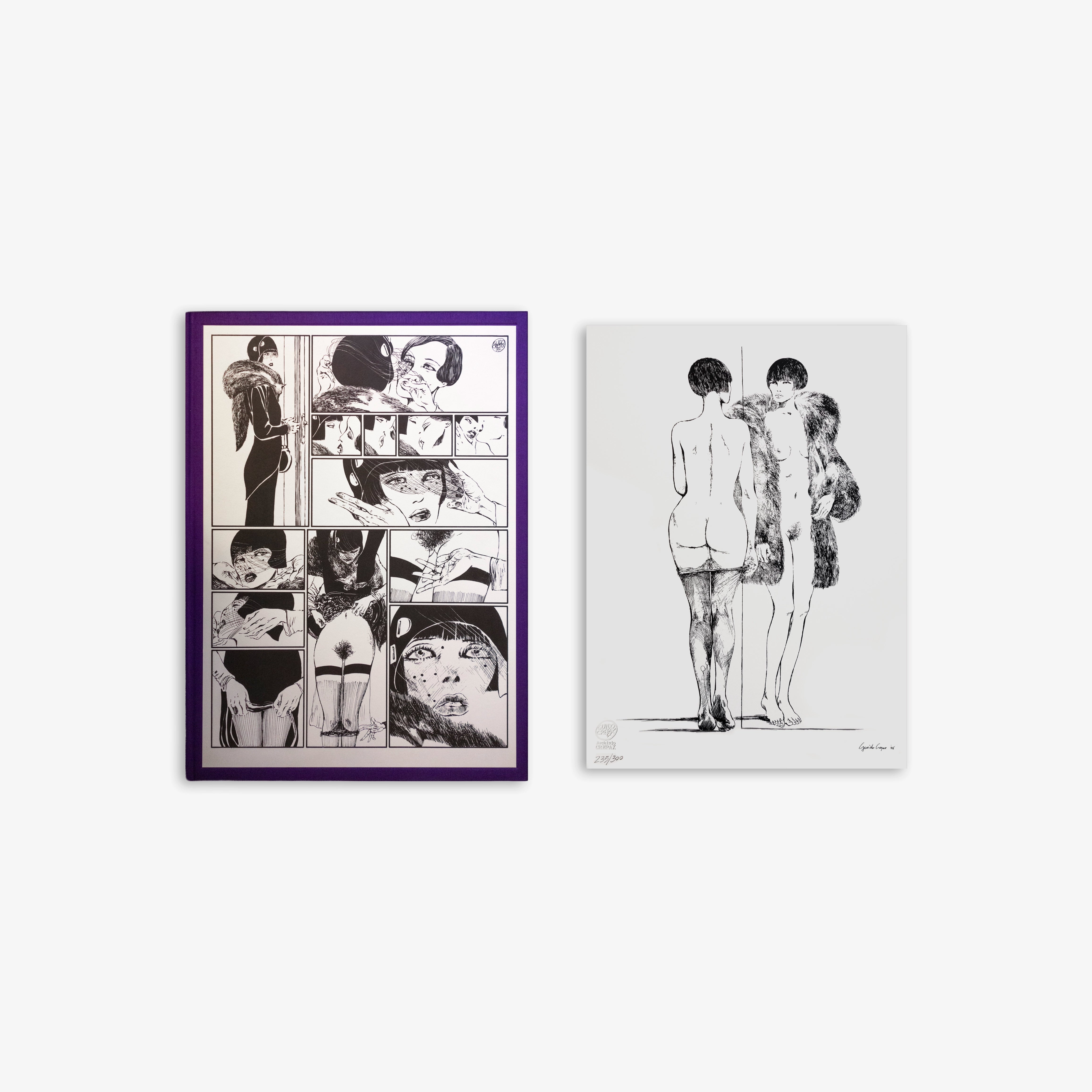 Pair of black-and-white illustrated art prints, one framed with a purple border