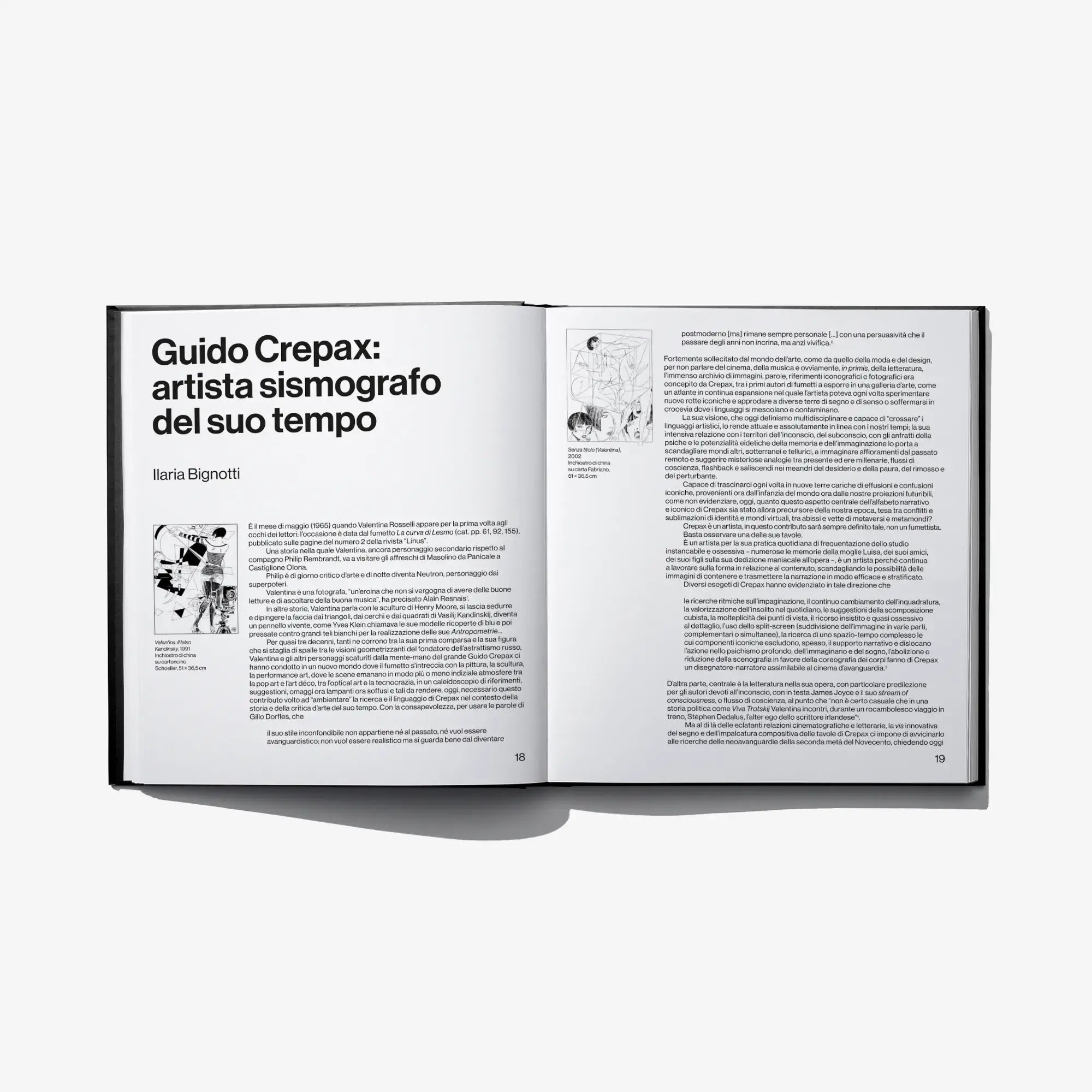Hardcover art book open, left headline and text block, right dense paragraph text