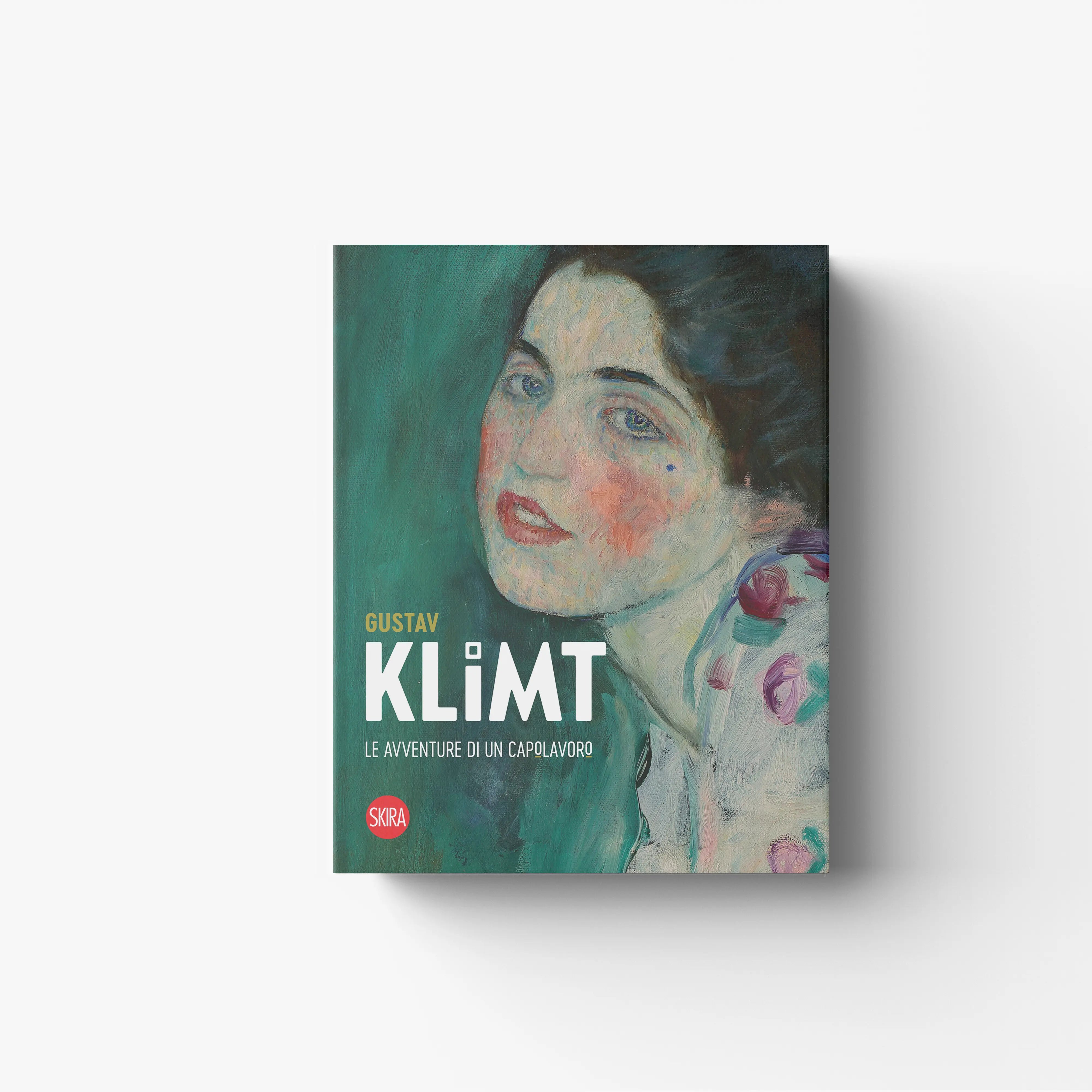 Art book Gustav Klimt by Skira Arte, teal cover with close-up portrait and text Gustav Klimt Le avventure di un capolavoro