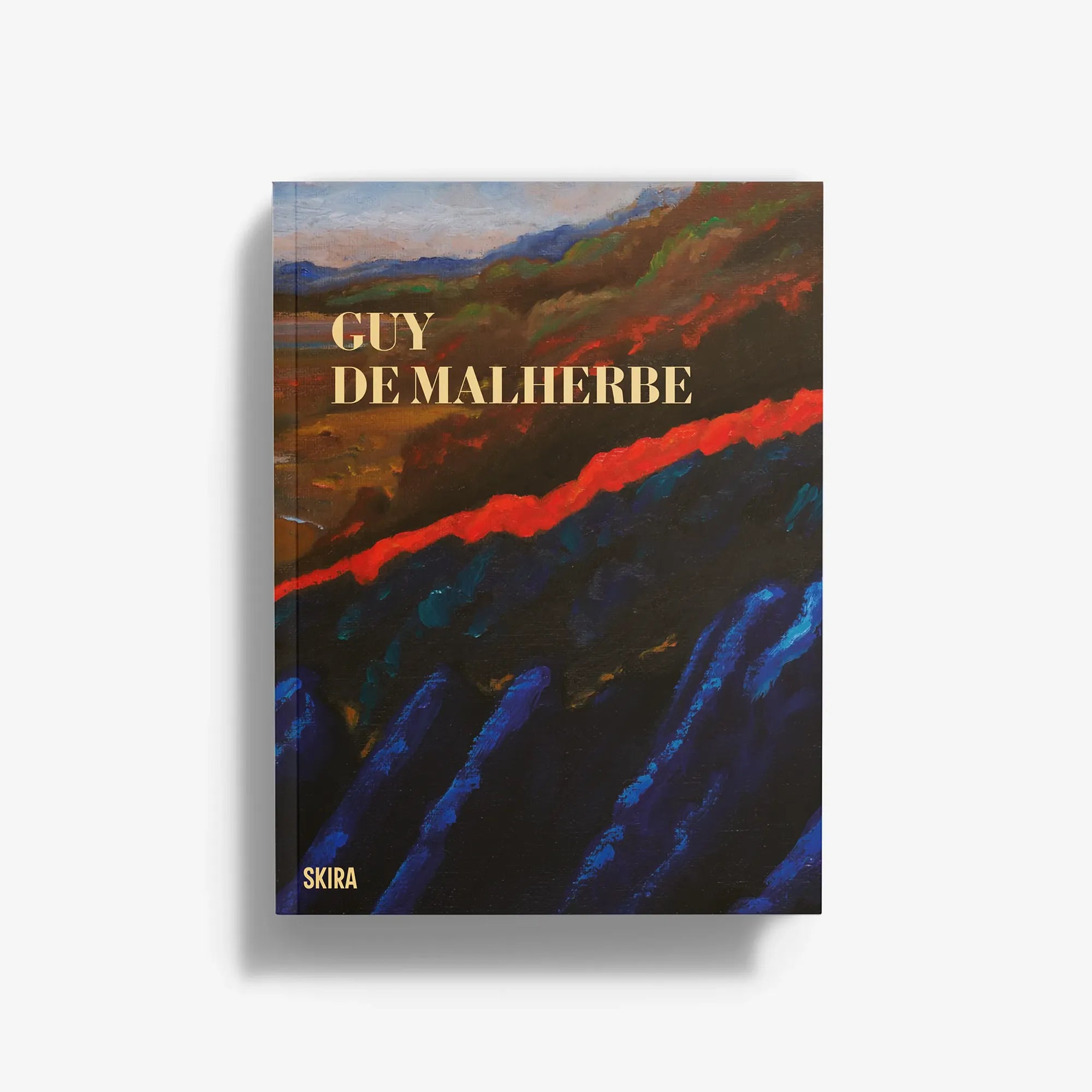 Art book cover with colorful abstract landscape and the title text “GUY DE MALHERBE”.