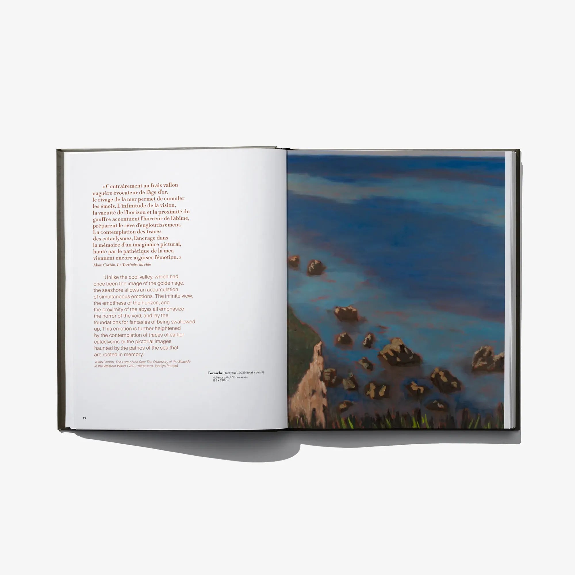 Open art book showing a text page on the left and a blue landscape with rocks on the right.
