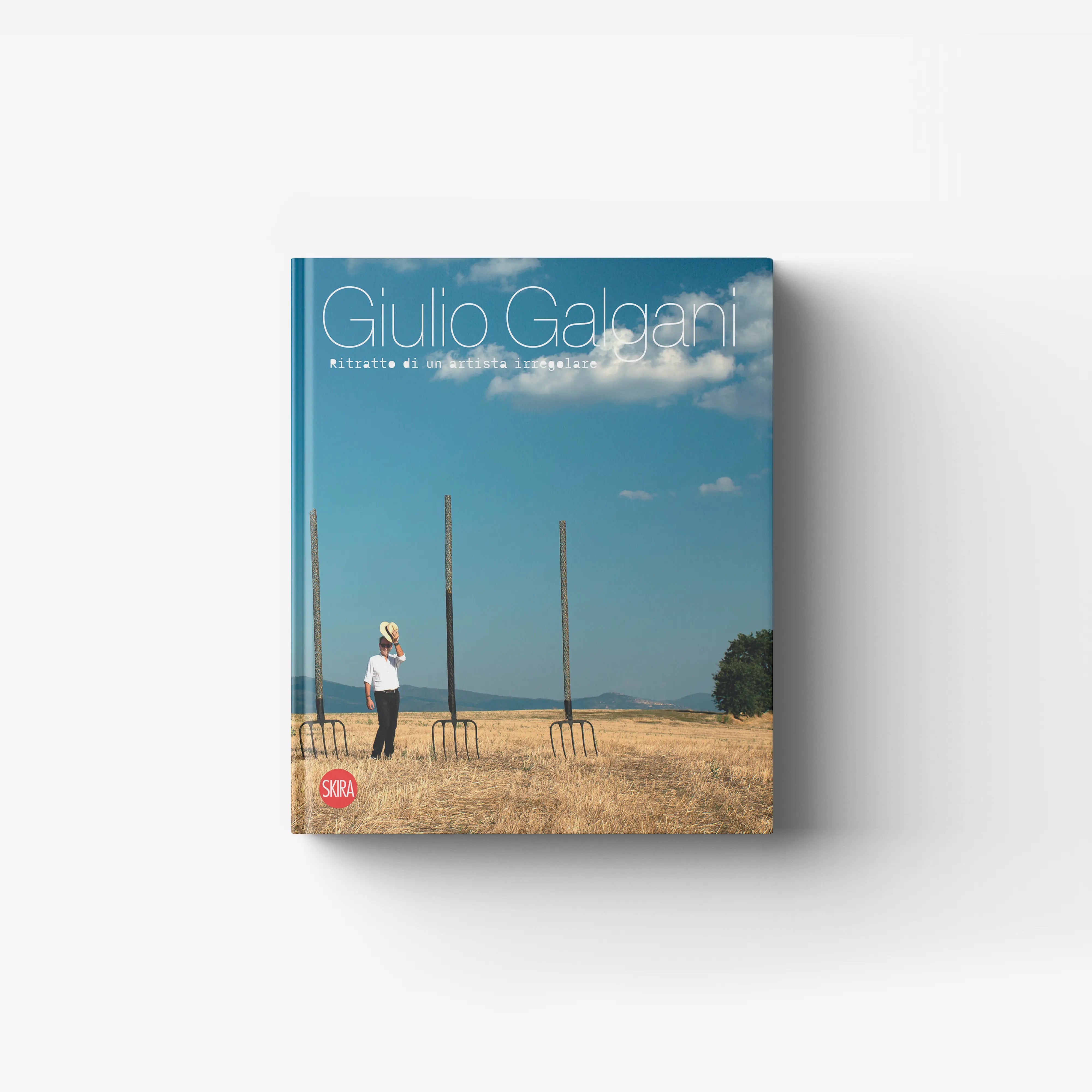 Art monograph book by Skira Arte, blue cover with irregular graphic design and clouds, Giulio Galgani Ritratto di un artista irregolare