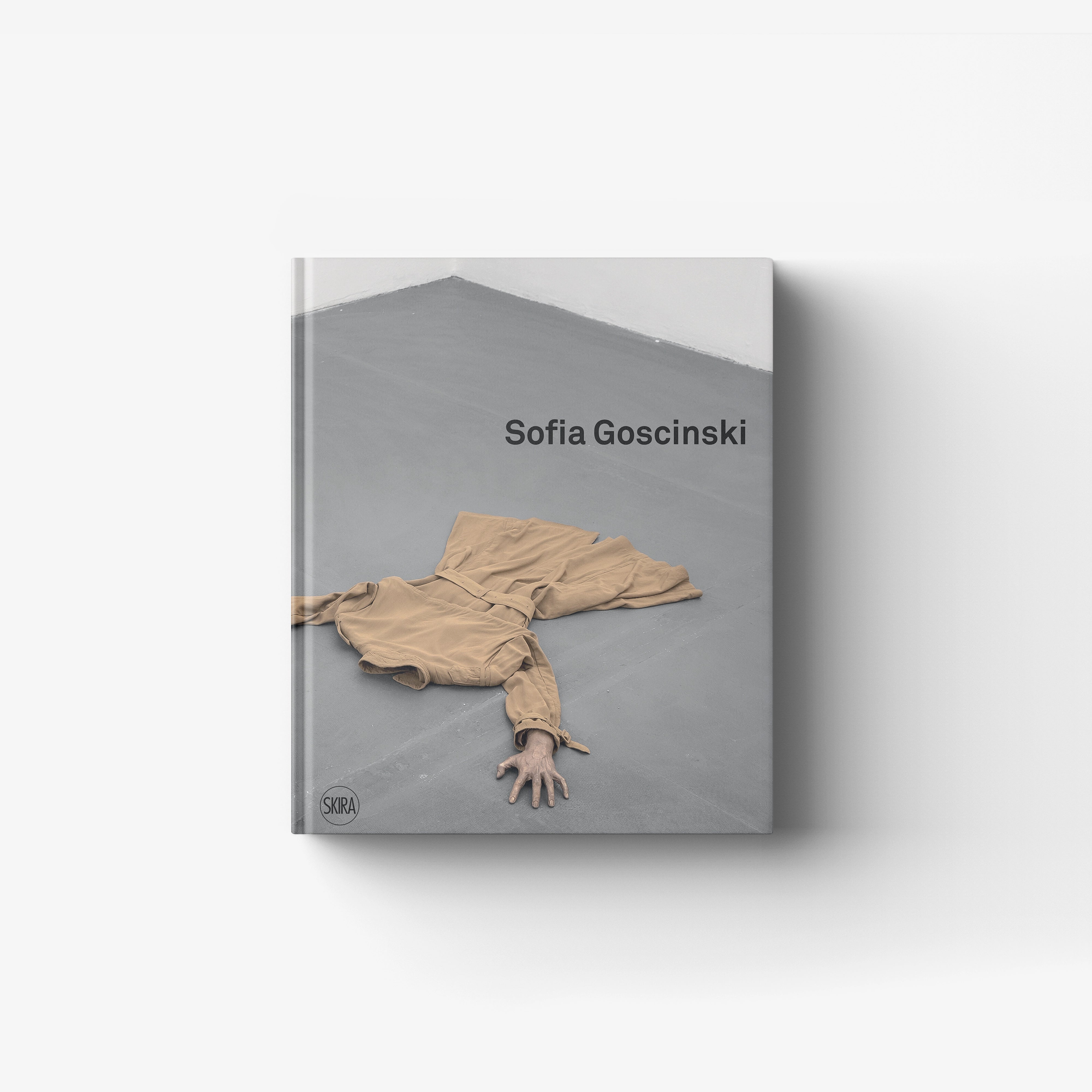 Contemporary art monograph book by Skira Arte, Sofia Goscinski, grey cover with minimalism-inspired aesthetics and beige fabric