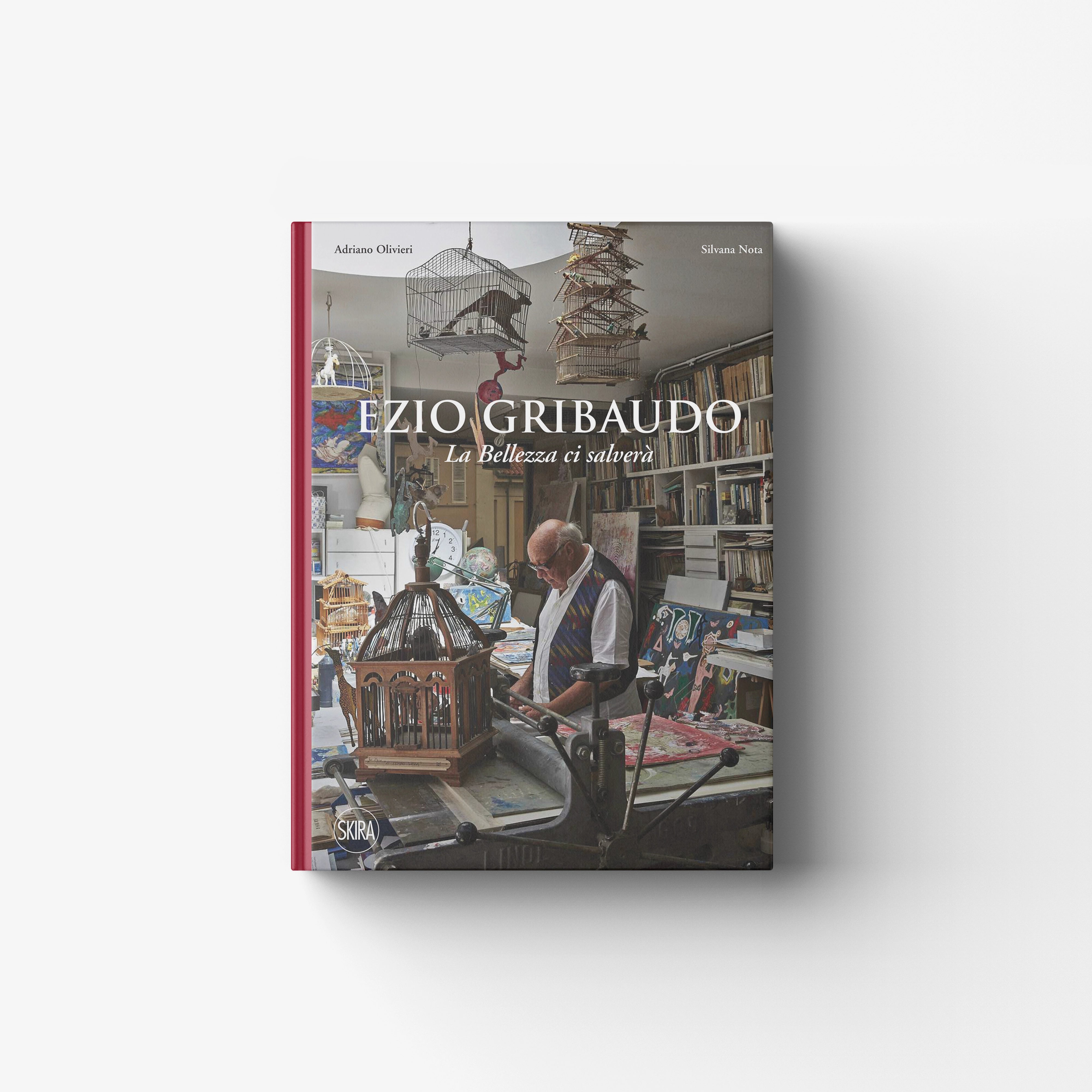 Contemporary art book in red with cover photo of birdcages and studio scene, Skira Arte, Ezio Gribaudo, catalogo d'arte contemporanea