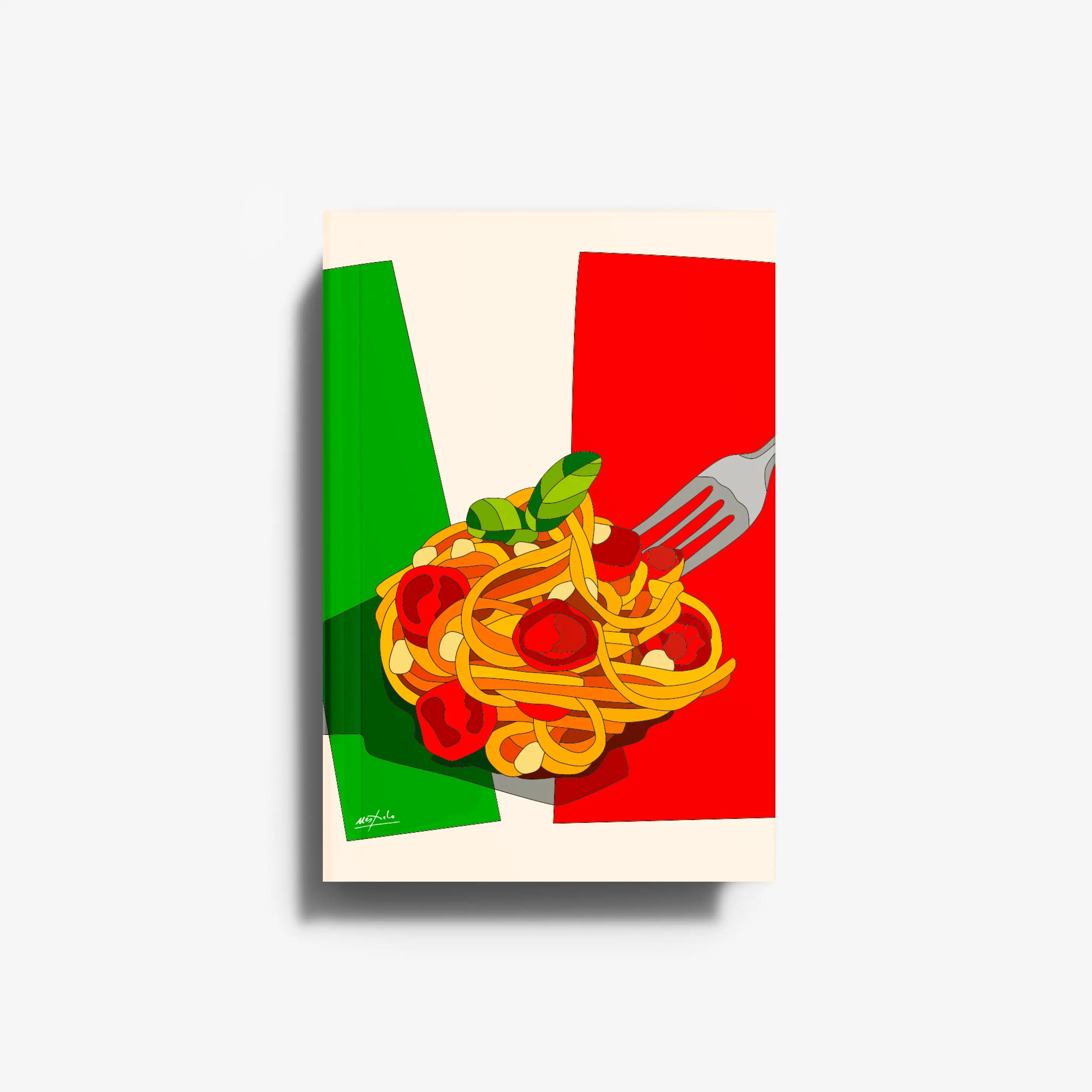 Italian cook book by Skira Arte with illustrated content, featuring green and red cover panels and pasta artwork