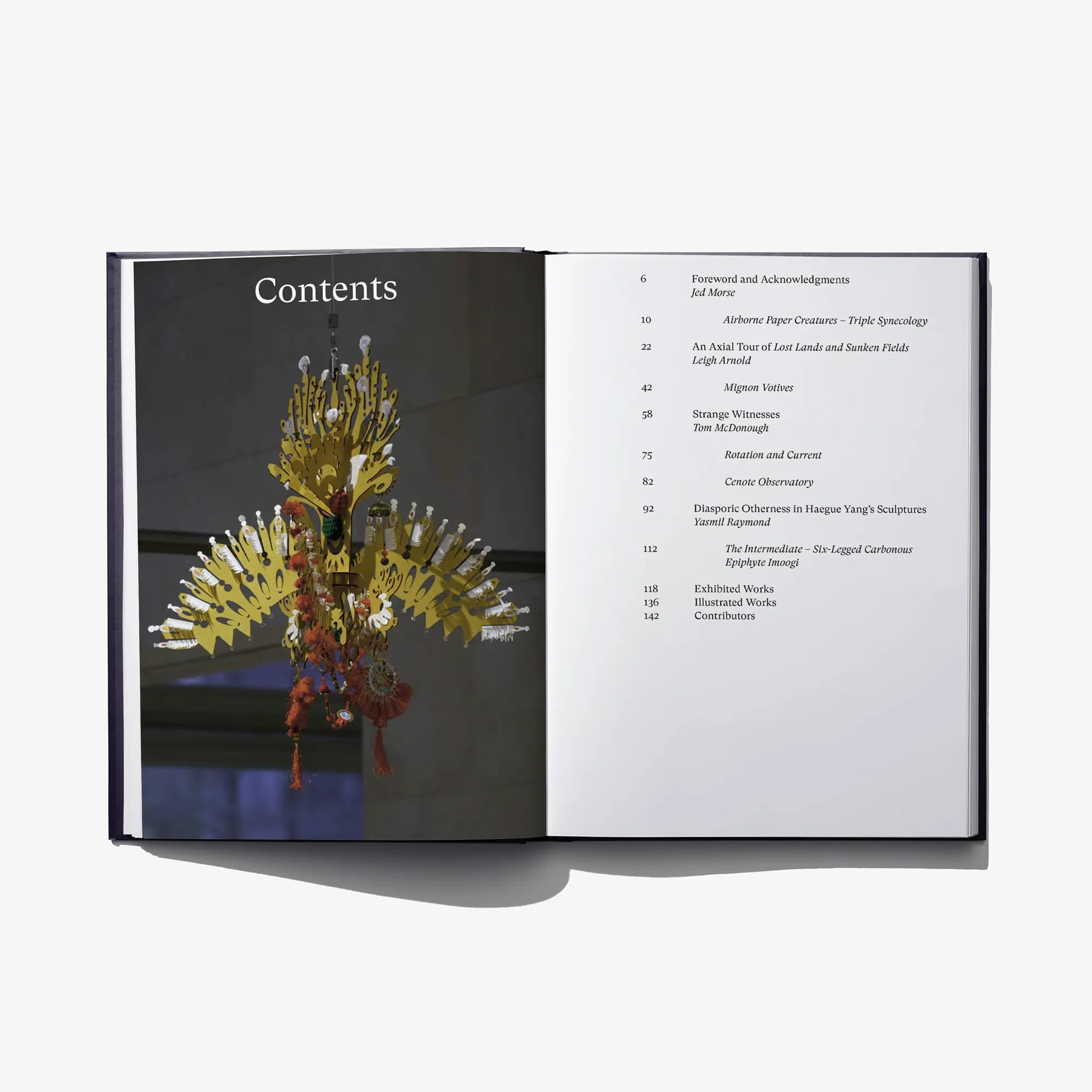 Open hardcover art book with Contents heading and colorful sculpture illustration