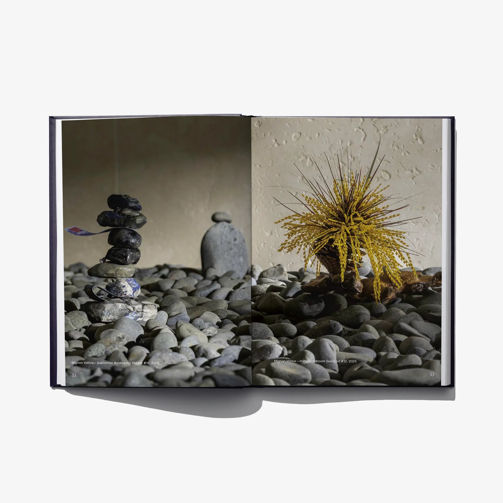 Open hardcover art book photo of pebble bed with small stone sculptures and a spiky plant