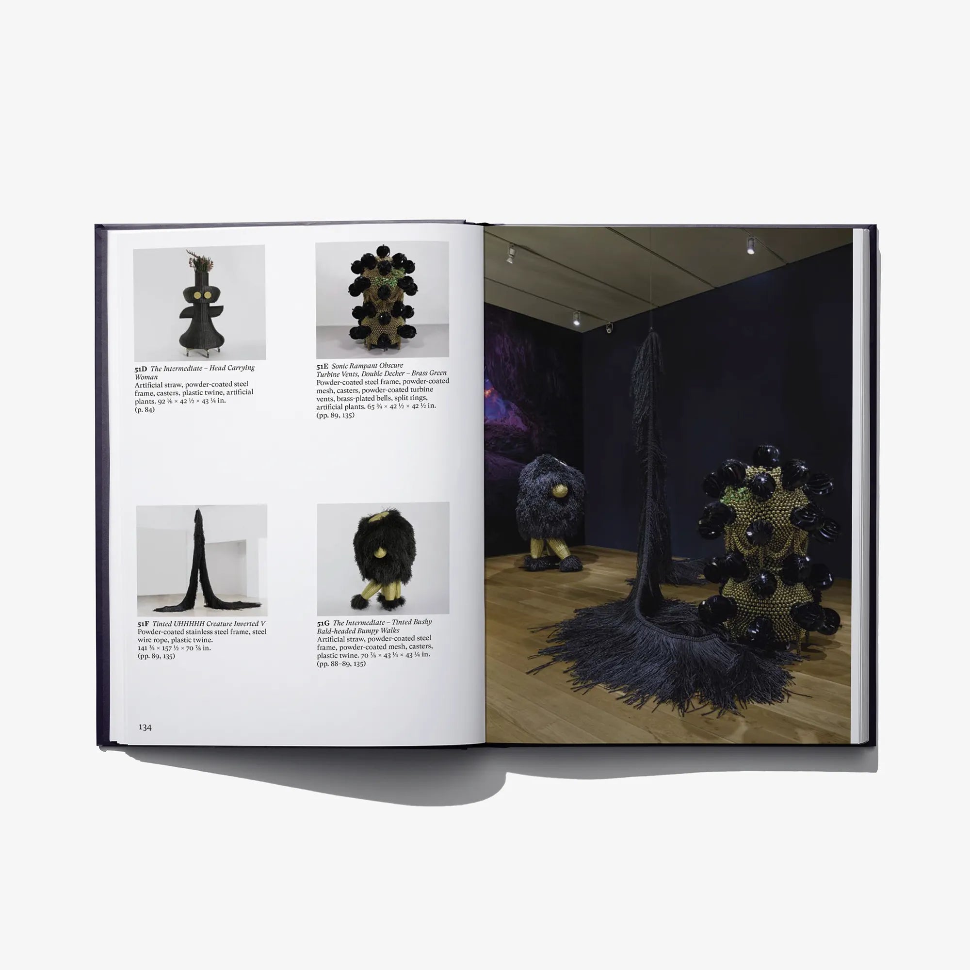 Open hardcover art book with labels on left and dark sculpture installation on right