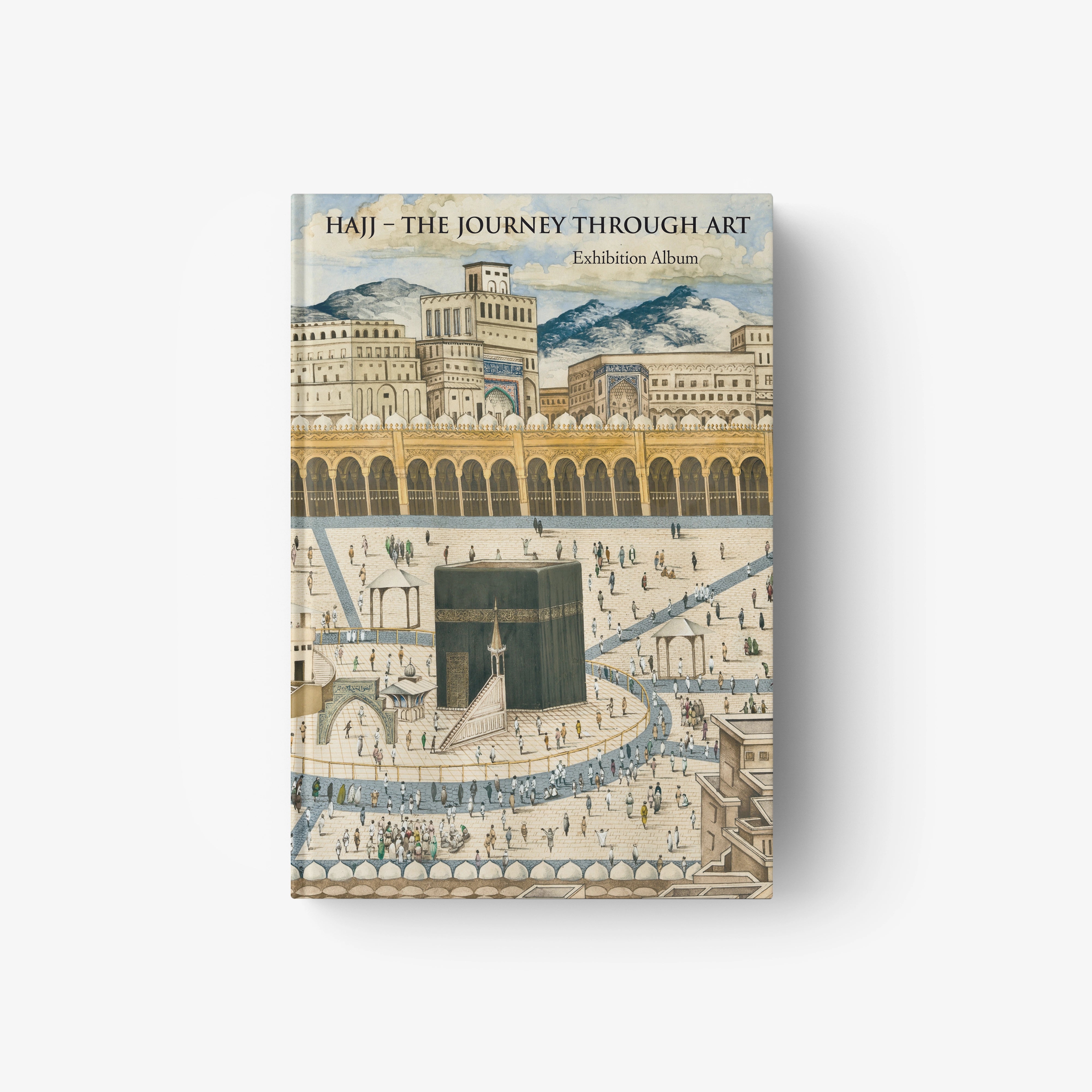 Art exhibition book with illustrated Hajj courtyard scene on the cover