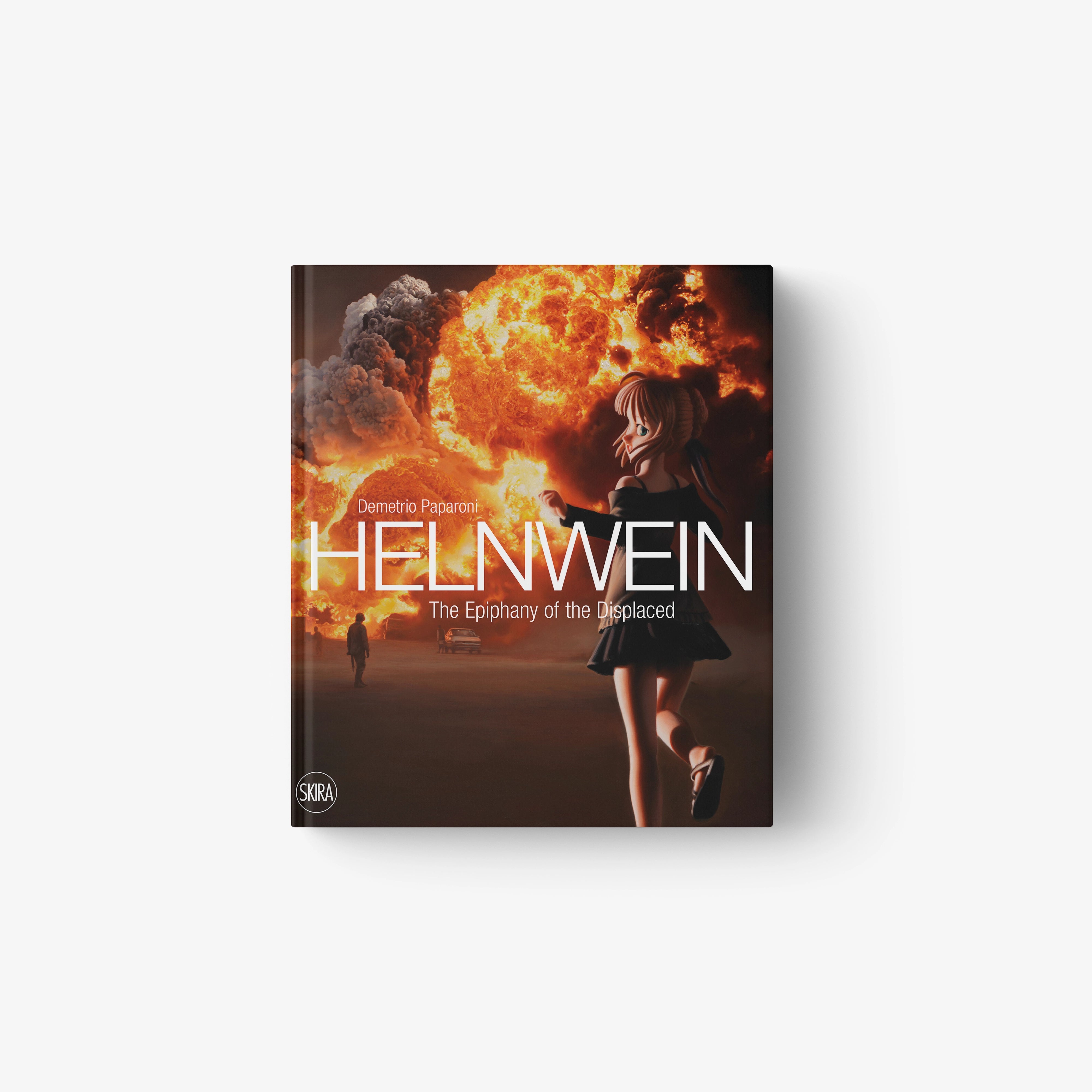 Book cover with a woman facing a fiery explosion in the background, titled "Helnwein The Epiphany of the Displaced".