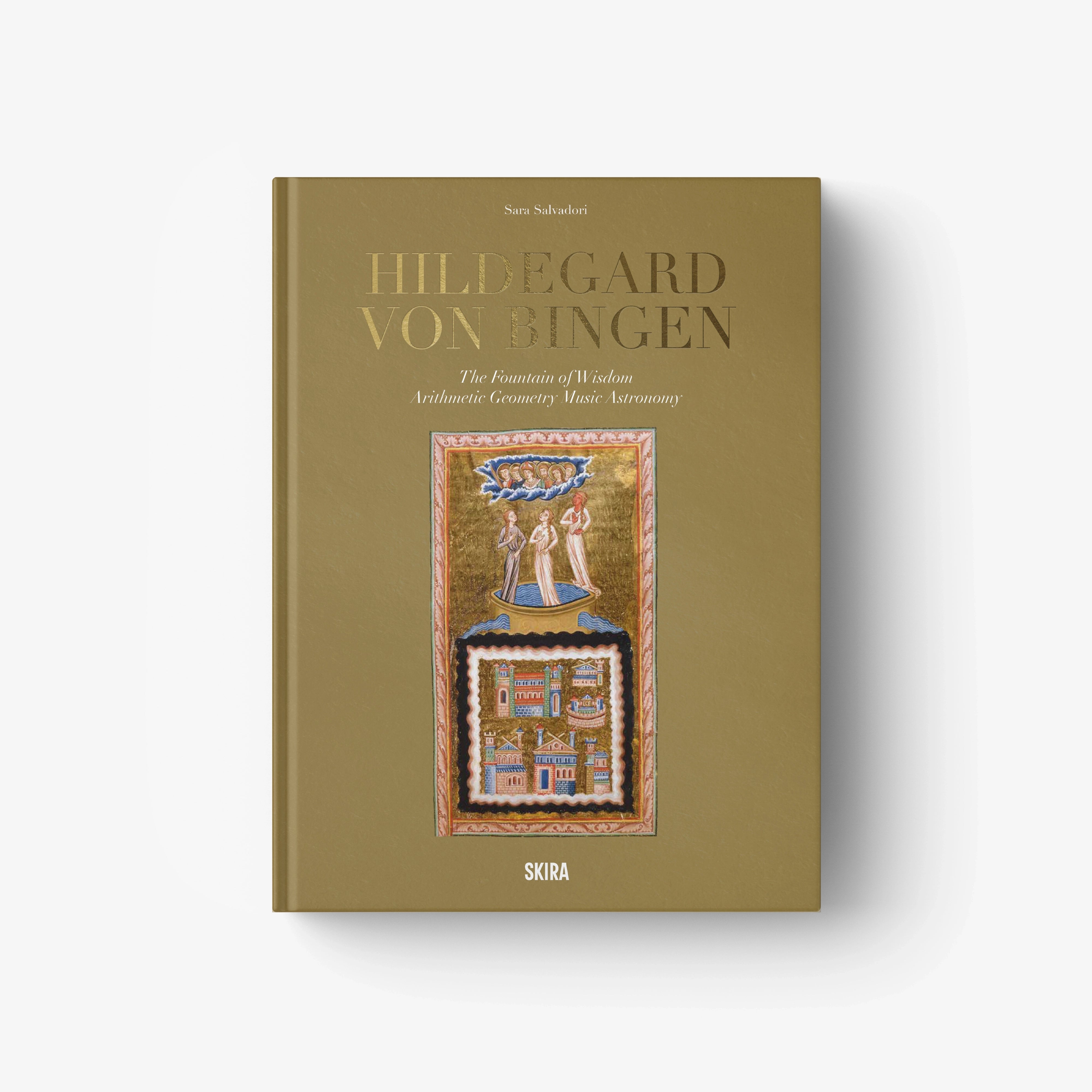 Book with olive-green cover and framed colorful manuscript illustration, gold title text