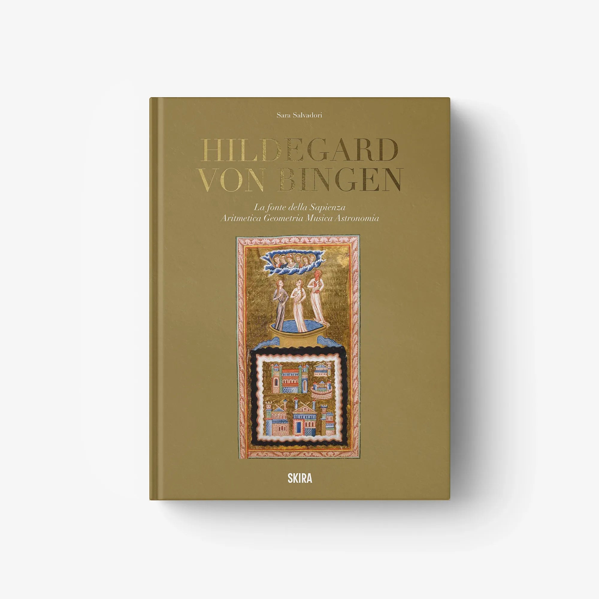Hardcover book with olive-gold cover and illustrated Wisdom medallion