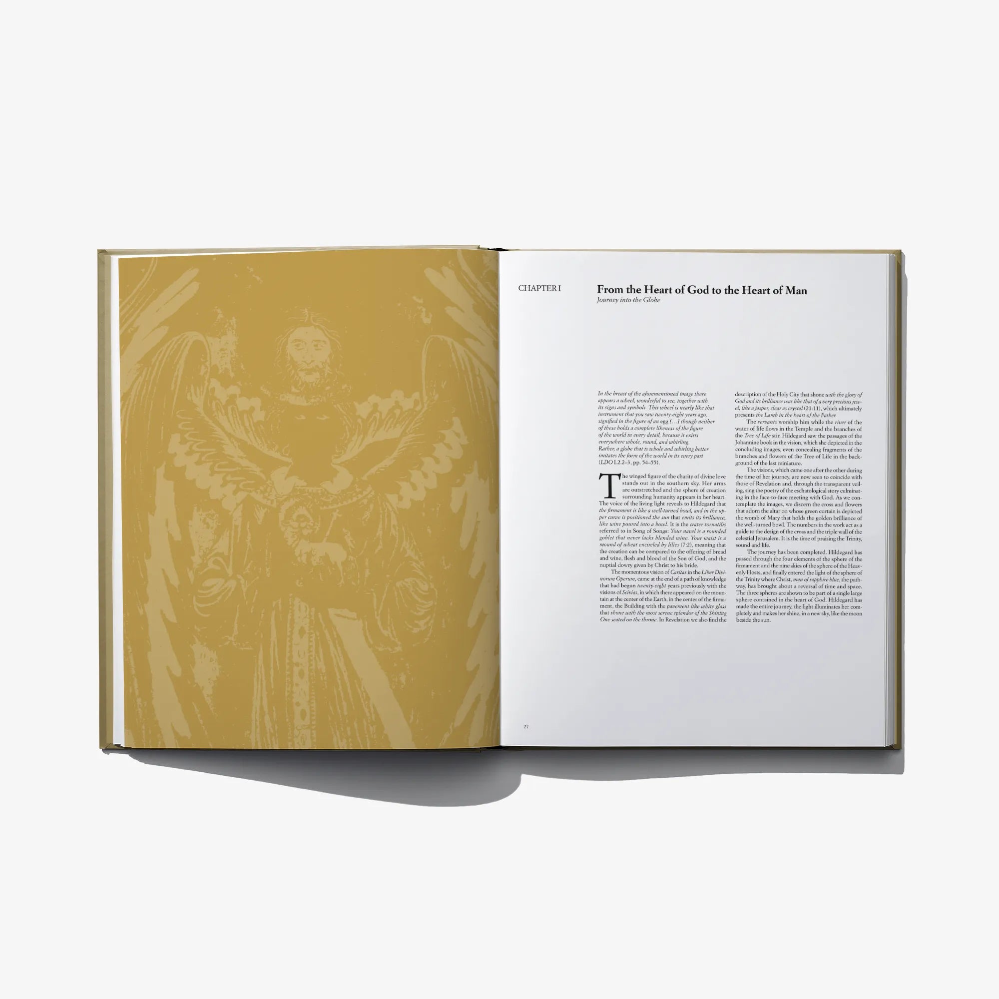 Open book with olive page art on the left and printed text on the right