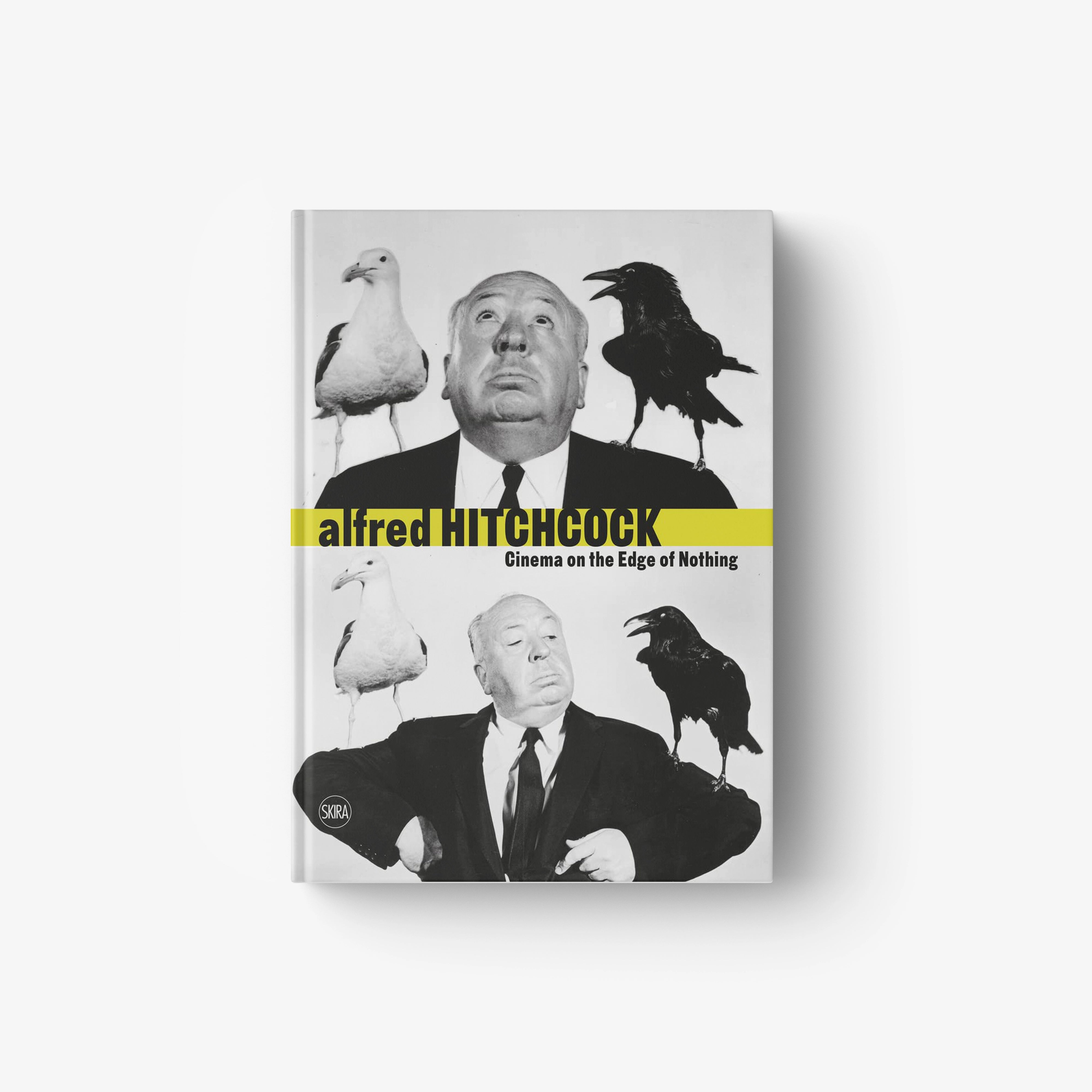 Hardcover book cover by Alfred Hitchcock with vintage portrait and birds, yellow title band