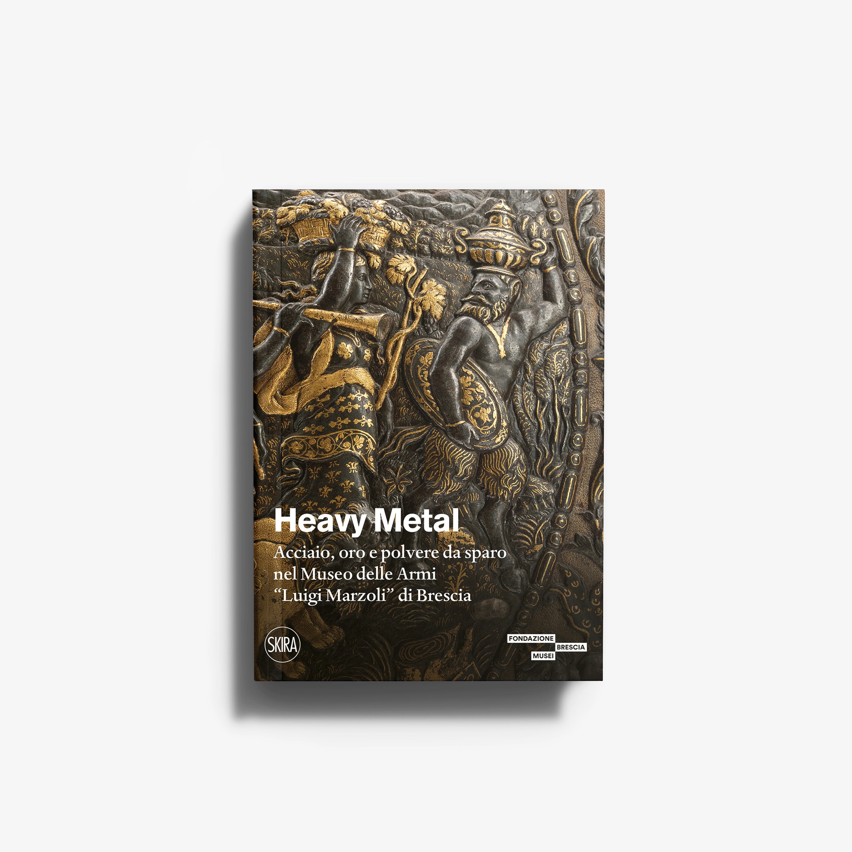 Book Heavy Metal by Skira Arte with metallic armour figures in gold and dark grey, for museum collection research
