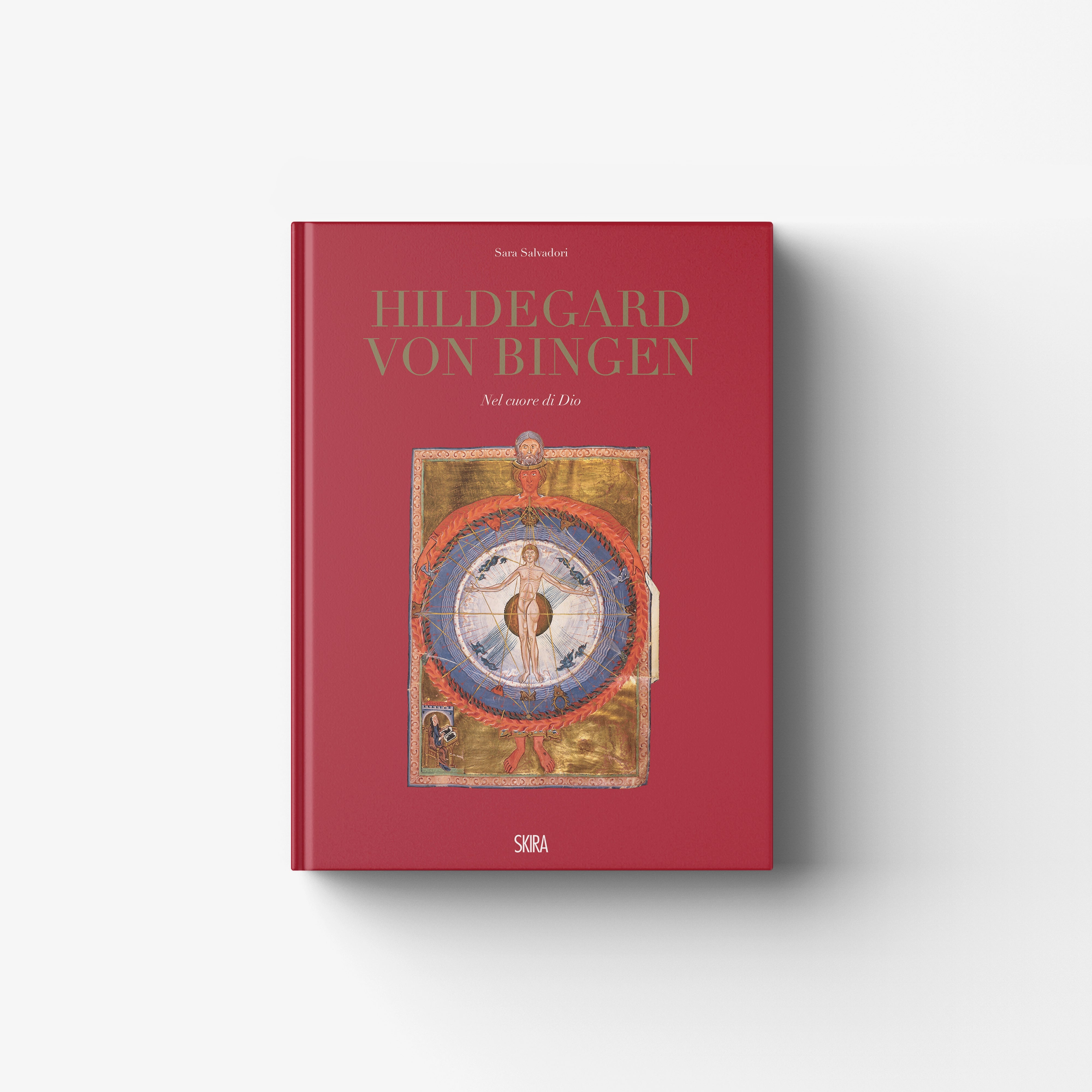 Illustrated art book in deep red with medieval manuscript miniatures, Skira Arte, Hildegard Von Bingen Nel cuore di Dio