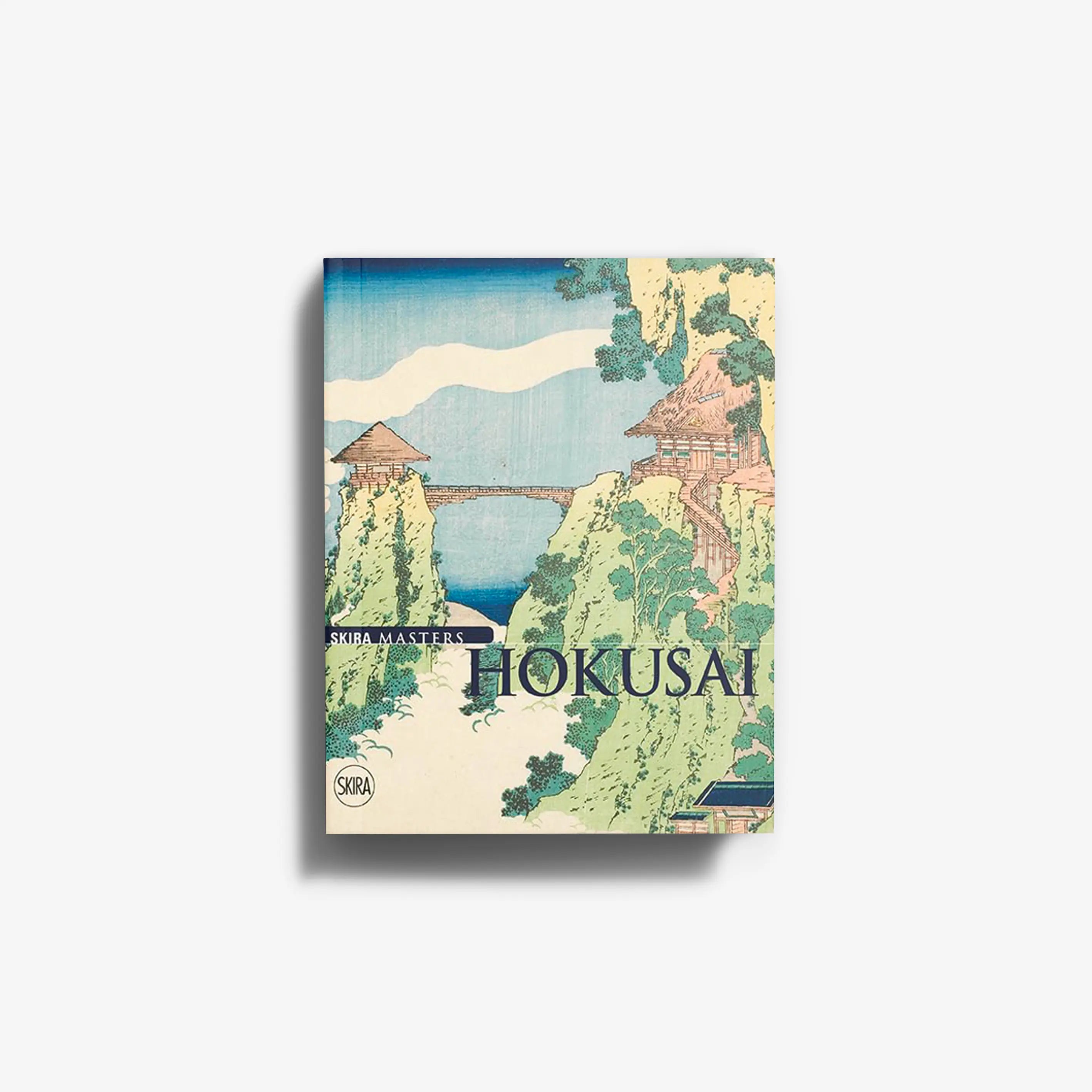 Classic Japanese woodblock print of Mount Fuji and a bridge with trees, designed by Hokusai.