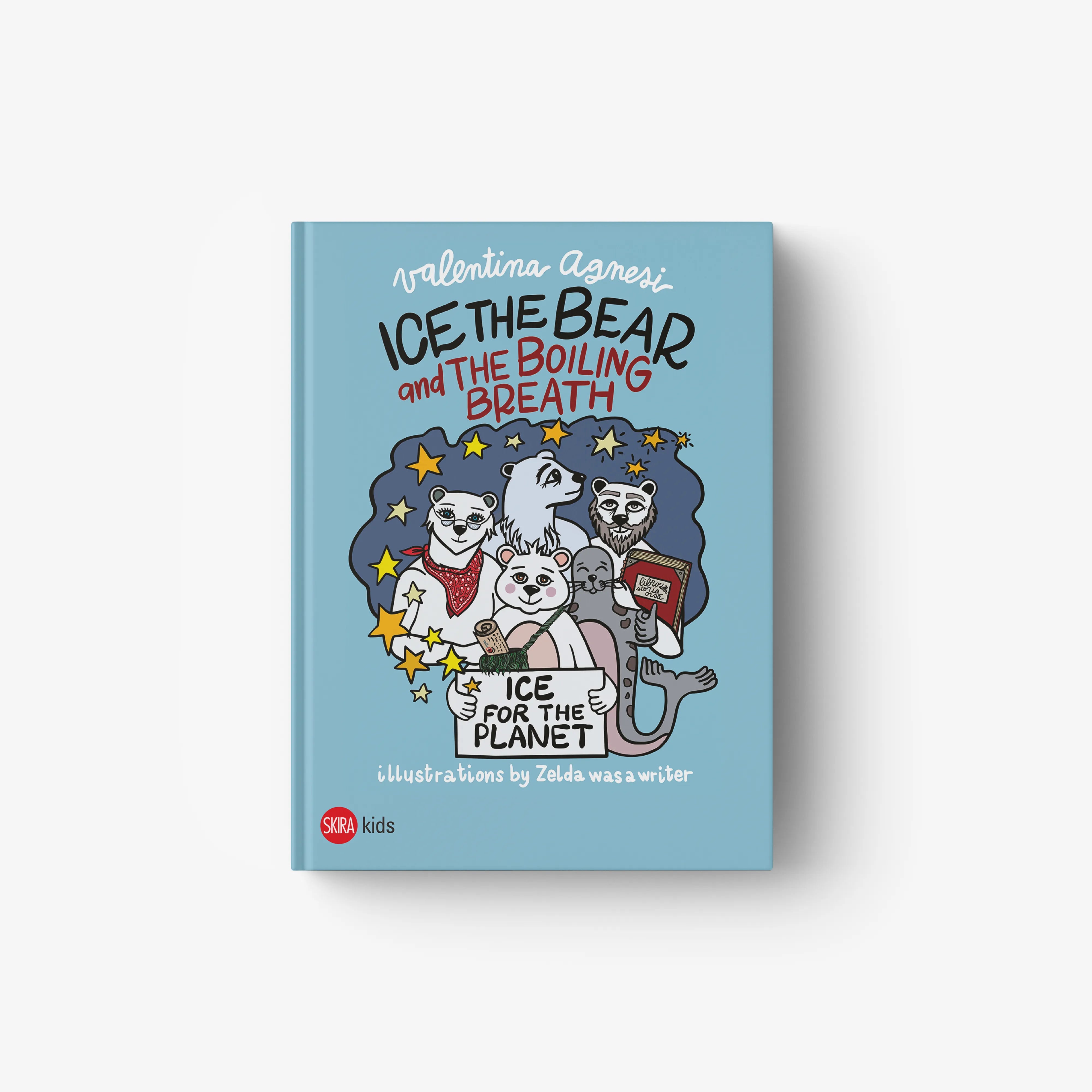 Children's book Ice the Bear and the Boiling Breath by Skira Arte, pale blue cover with polar bear cub story