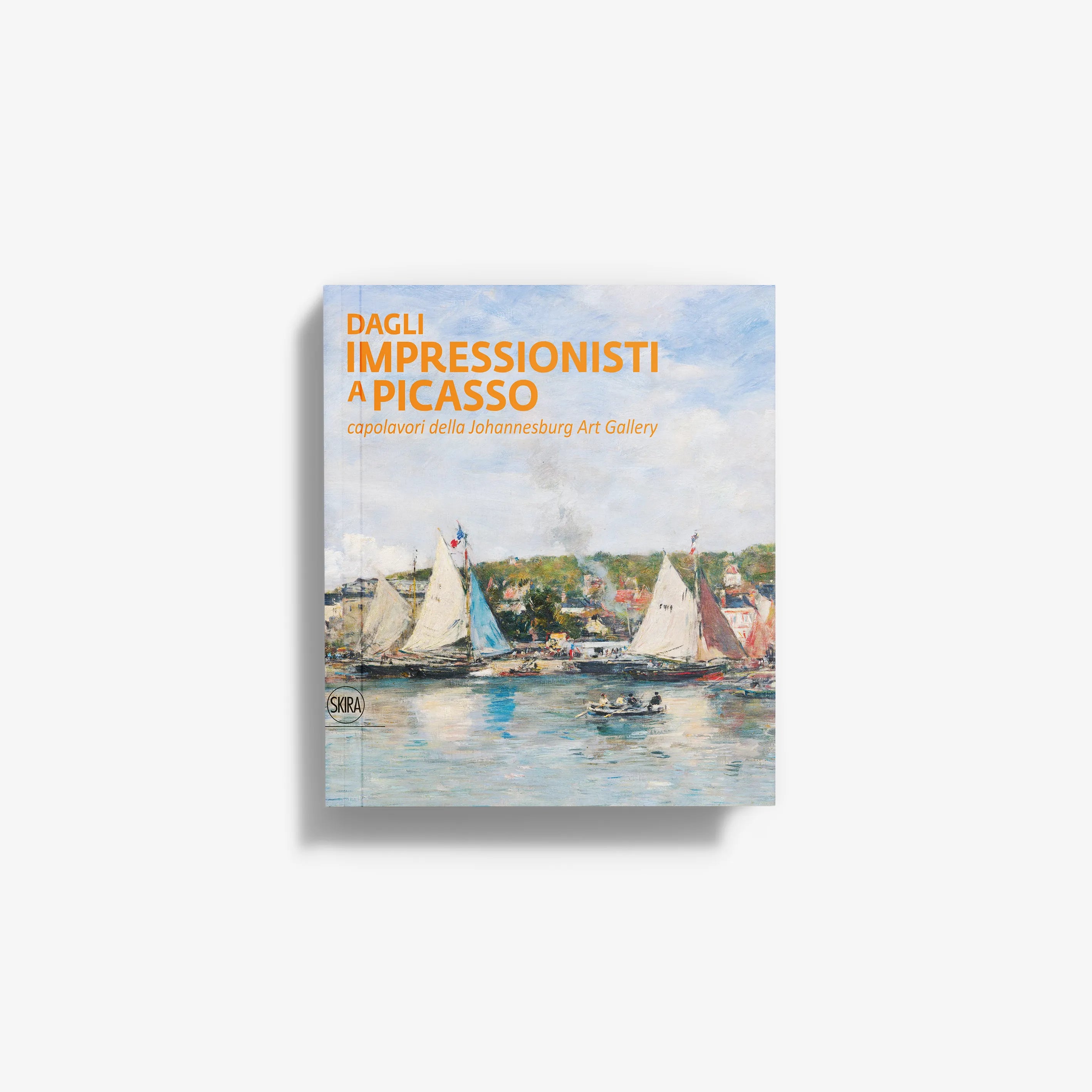 Art book with cover painting of sailboats on blue water and colorful cityscape