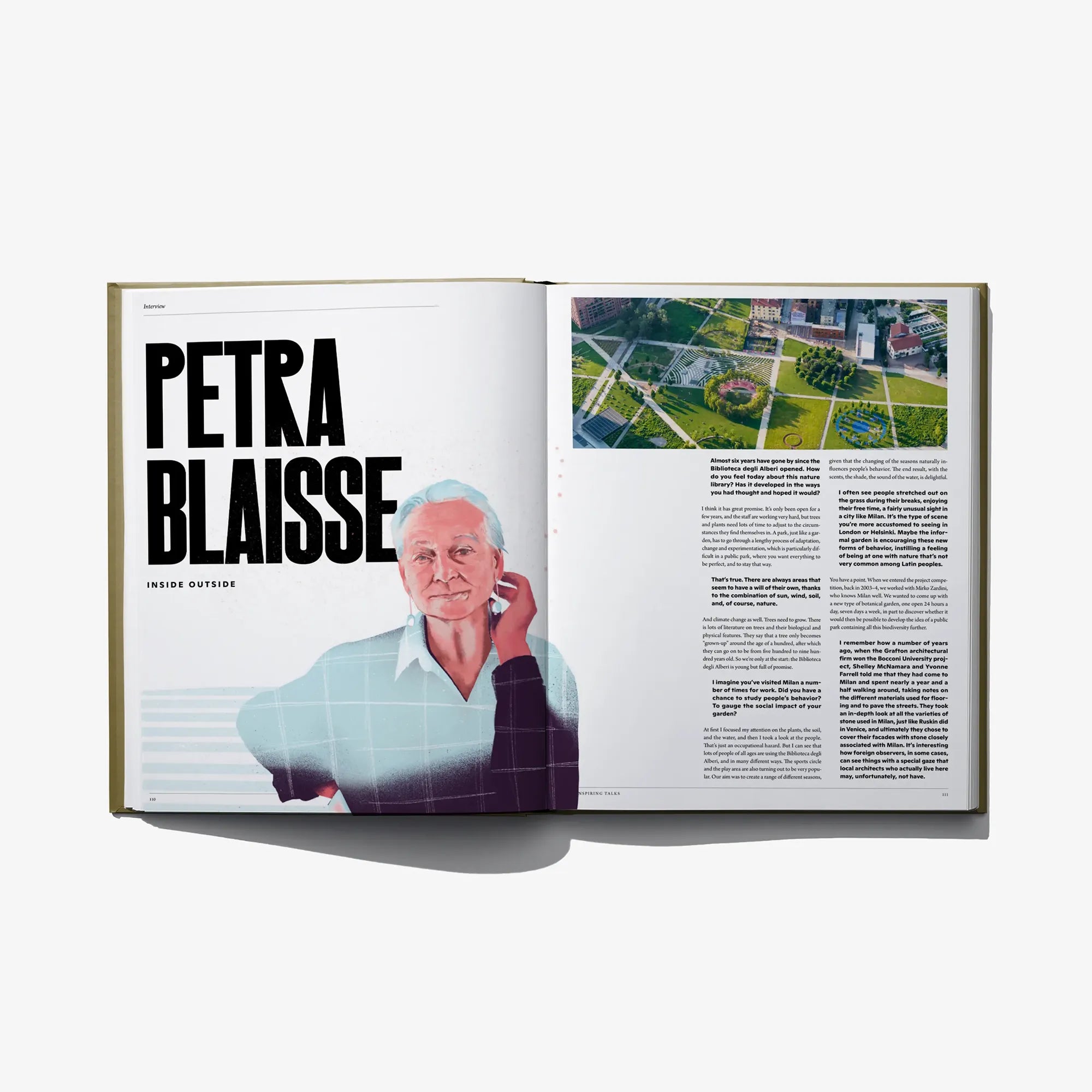 Inspiring Cities open book spread with Petra Blasse portrait and landscaped photo